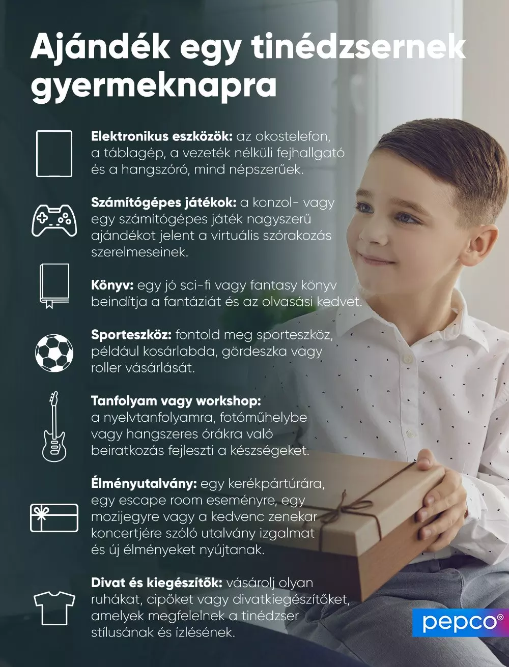 Mosolygó fiú ajándékcsomagot tart, mellette tinédzsereknek szóló ajándékötletek listája látható gyermeknapra.