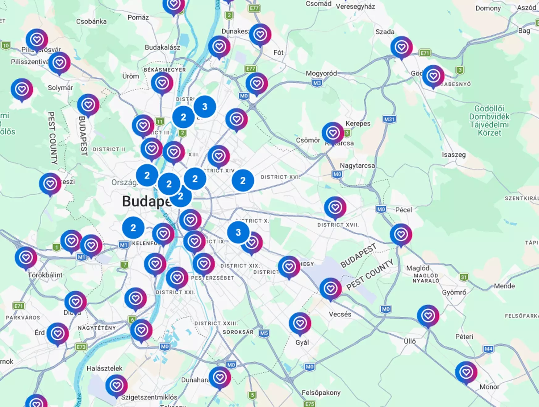 Pepco üzletek elhelyezkedését mutató térkép Budapest és környékén számozott jelölőkkel.