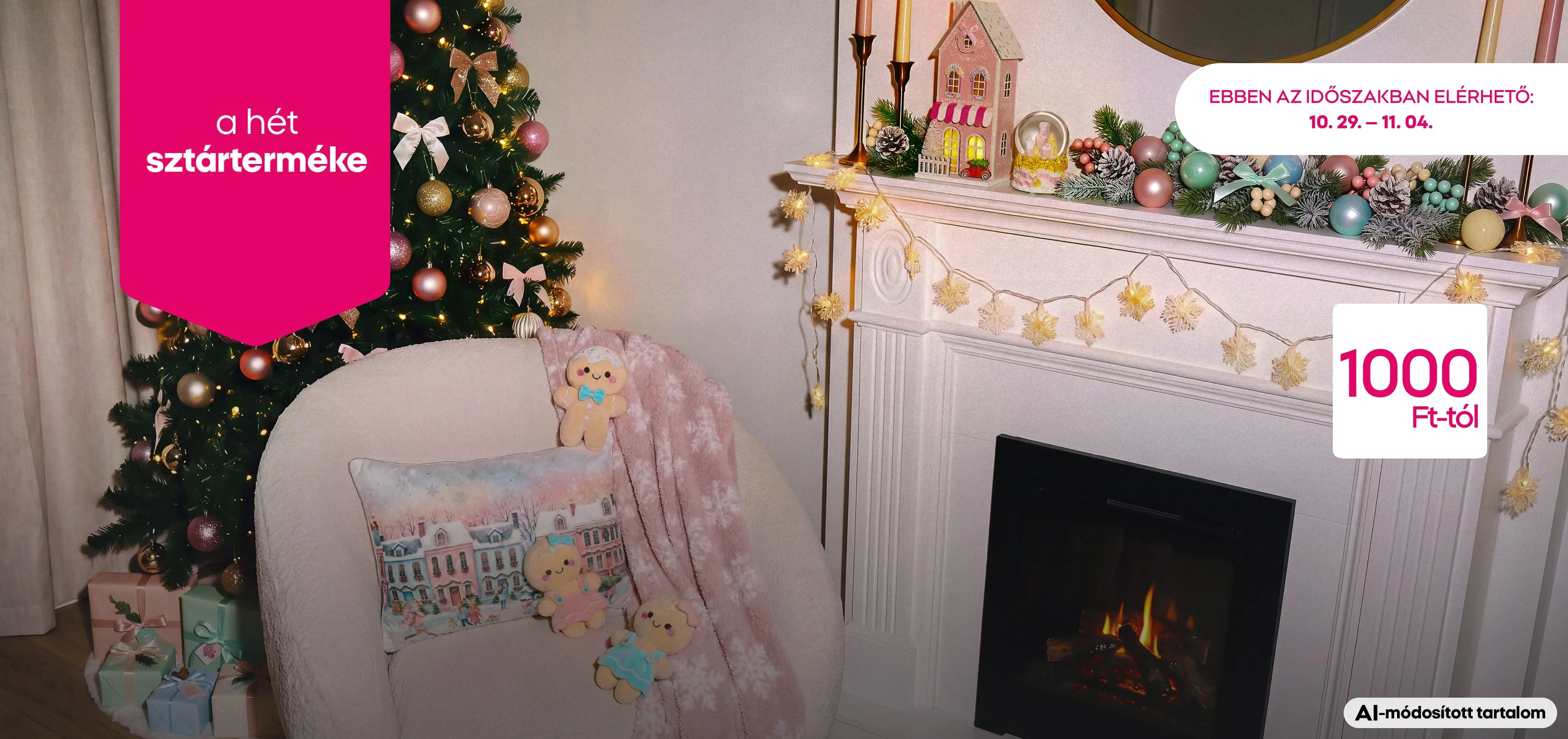 Pepco karácsonyi díszítésű nappali kandallóval, feldíszített fával és fotellel, 1000 Ft-tól elérhető.