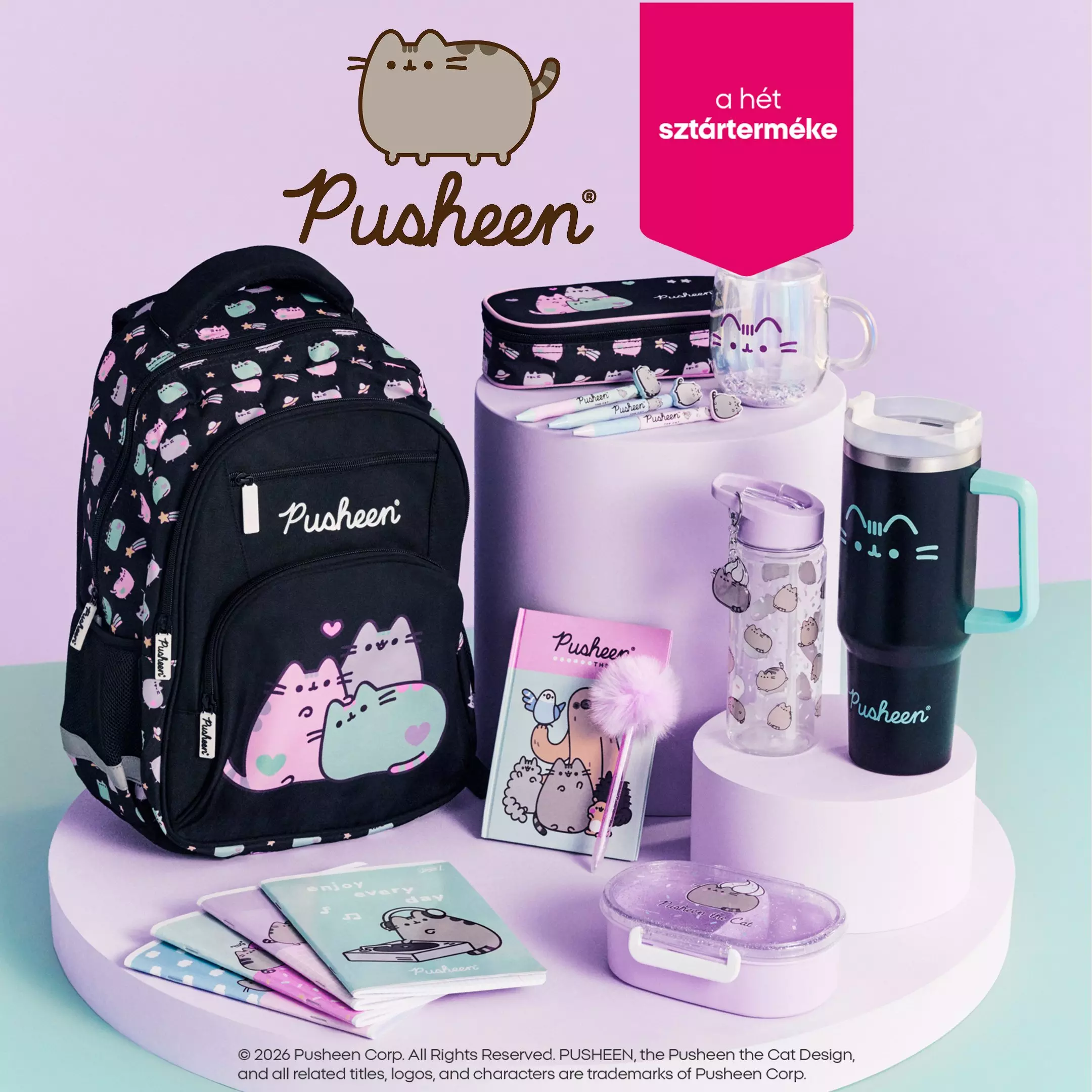Pepco Pusheen márkájú iskolai termékek: hátizsák, tolltartó, kulacs, ivópohár, füzetek és uzsonnásdoboz.