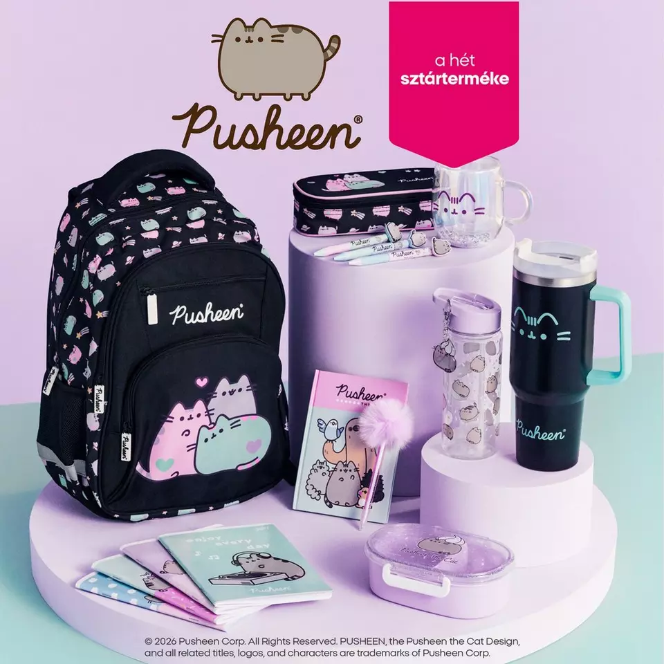 Pepco Pusheen márkájú iskolai termékek: hátizsák, tolltartó, kulacs, ivópohár, füzetek és uzsonnásdoboz.
