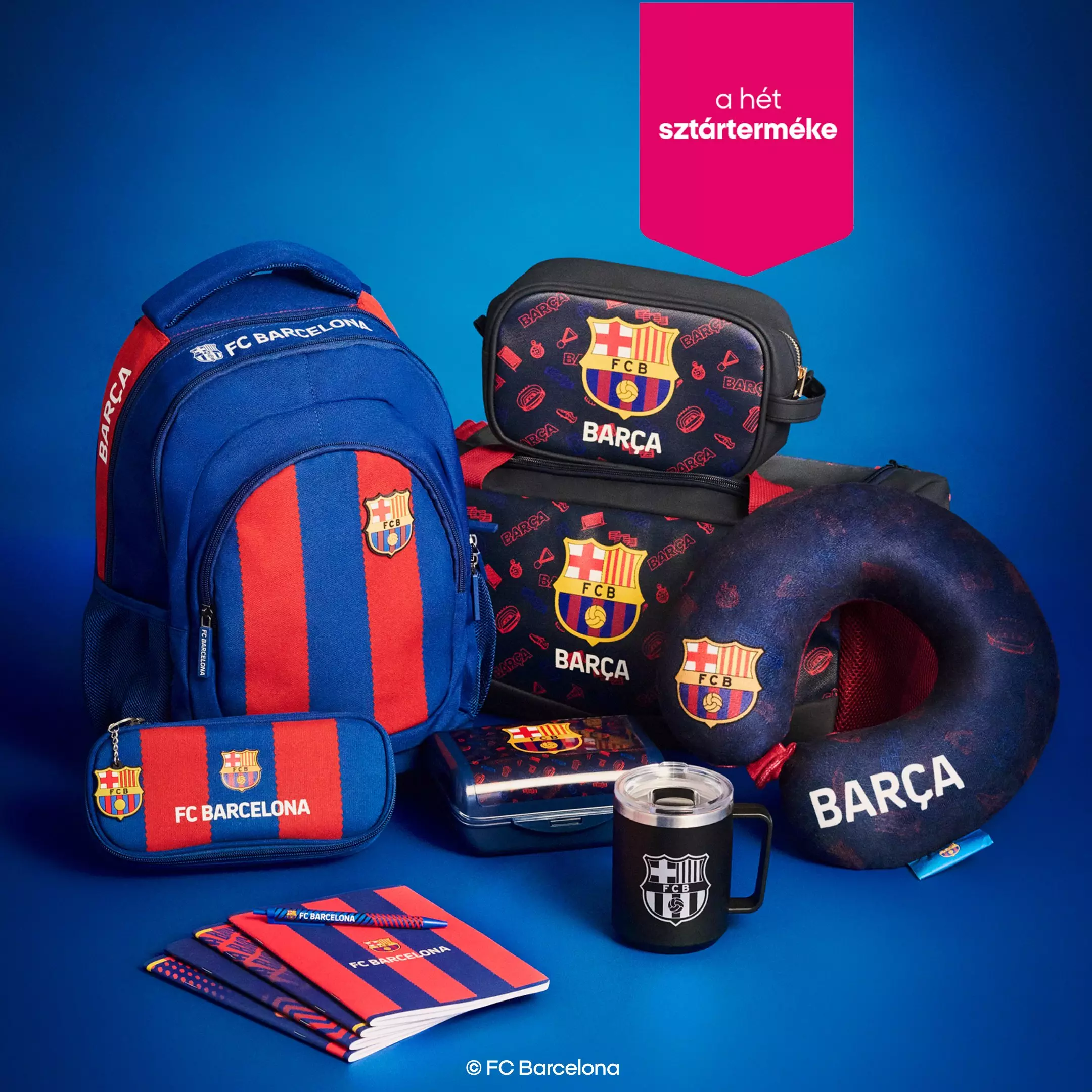 Pepco FC Barcelona iskolai termékek: hátizsák, tolltartó, tornazsák, nyakpárna, bögre és füzetek.