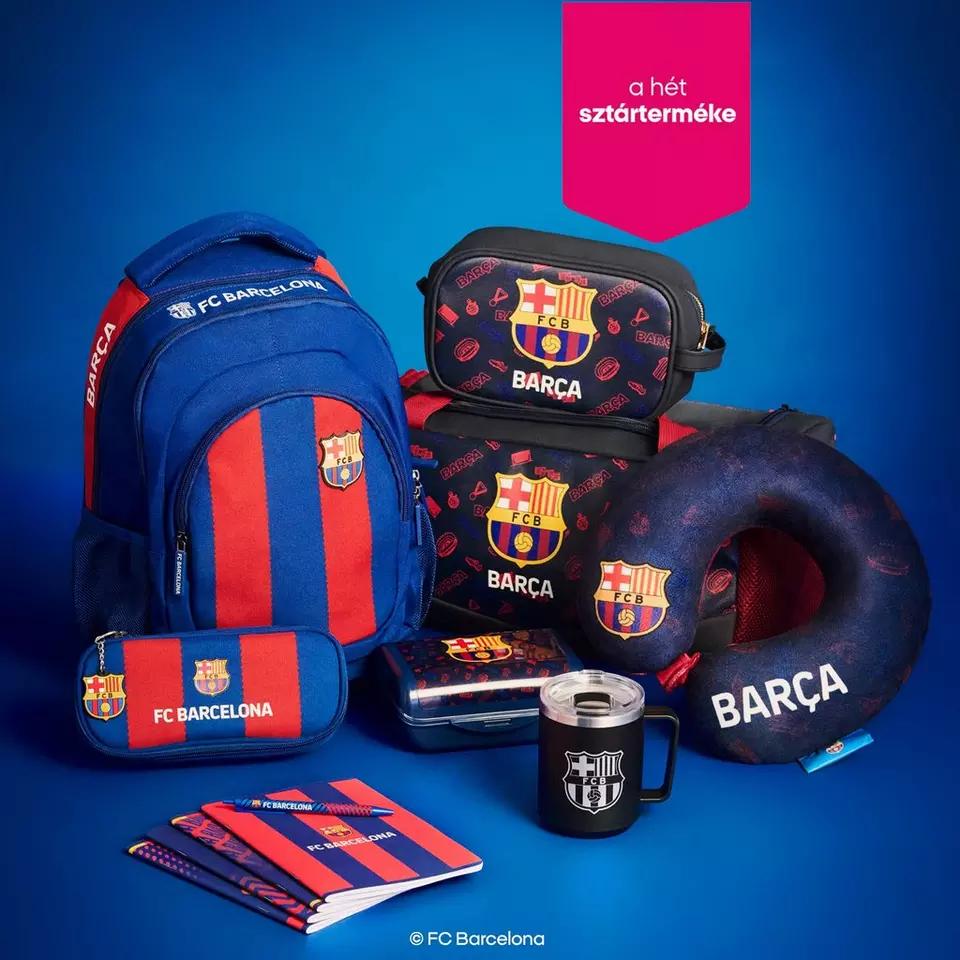 Pepco FC Barcelona iskolai termékek: hátizsák, tolltartó, tornazsák, nyakpárna, bögre és füzetek.