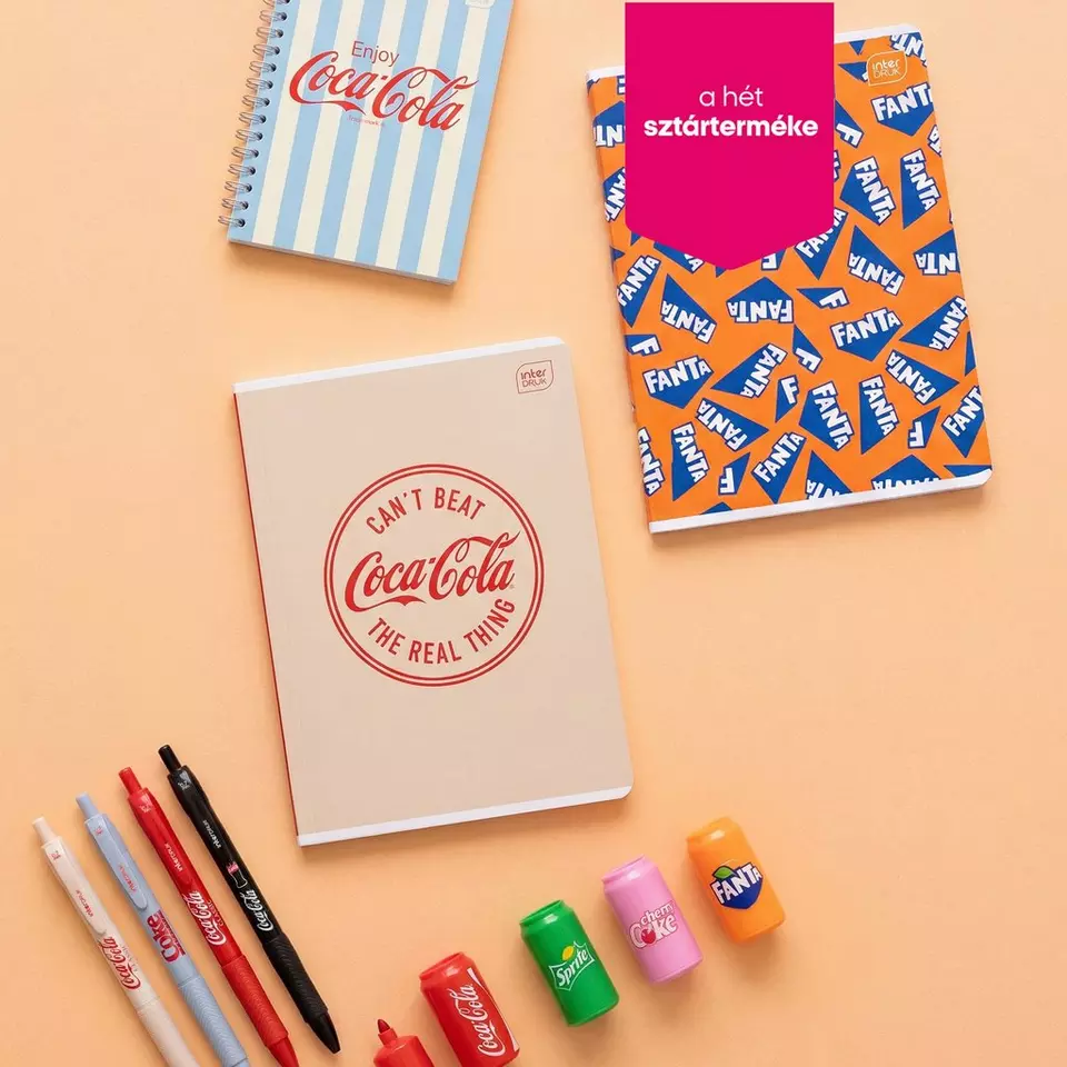 Pepco Coca-Cola és Fanta márkás spirálfüzetek tollakkal és radírokkal a hét sztárterméke.