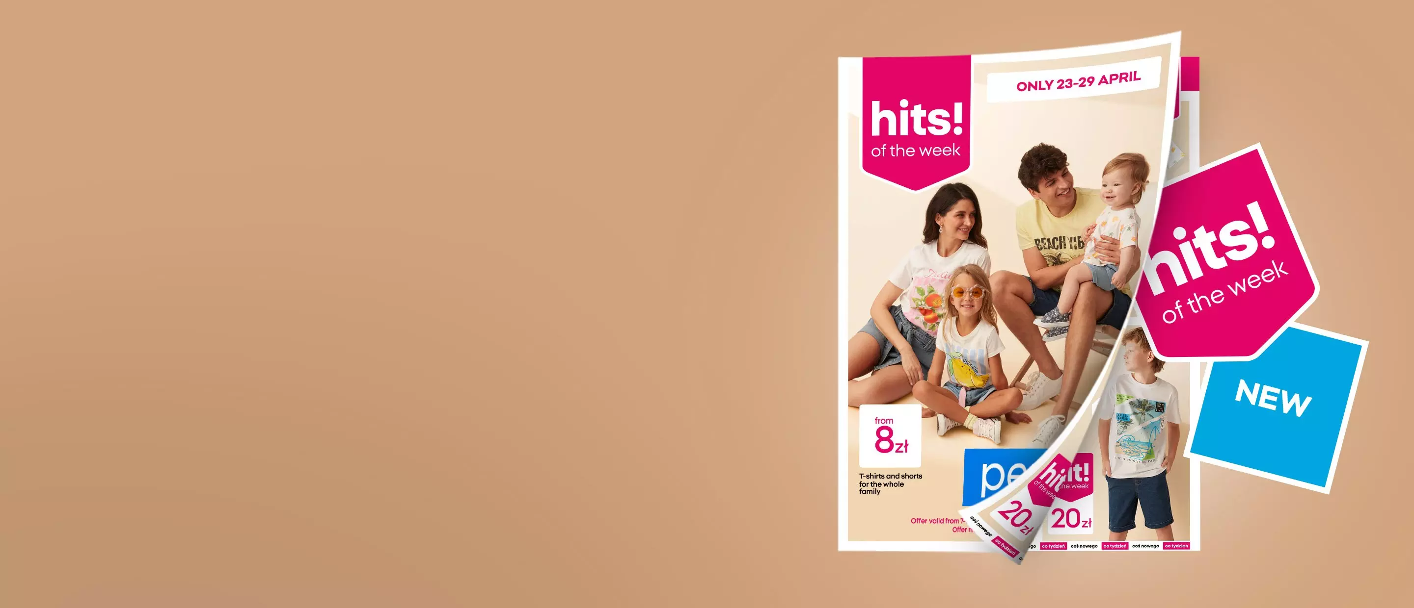 Promocja odzieży dziecięcej - rodzina w kolorowych t-shirtach, oferta od 8 zł, ważna 23-29 kwietnia.