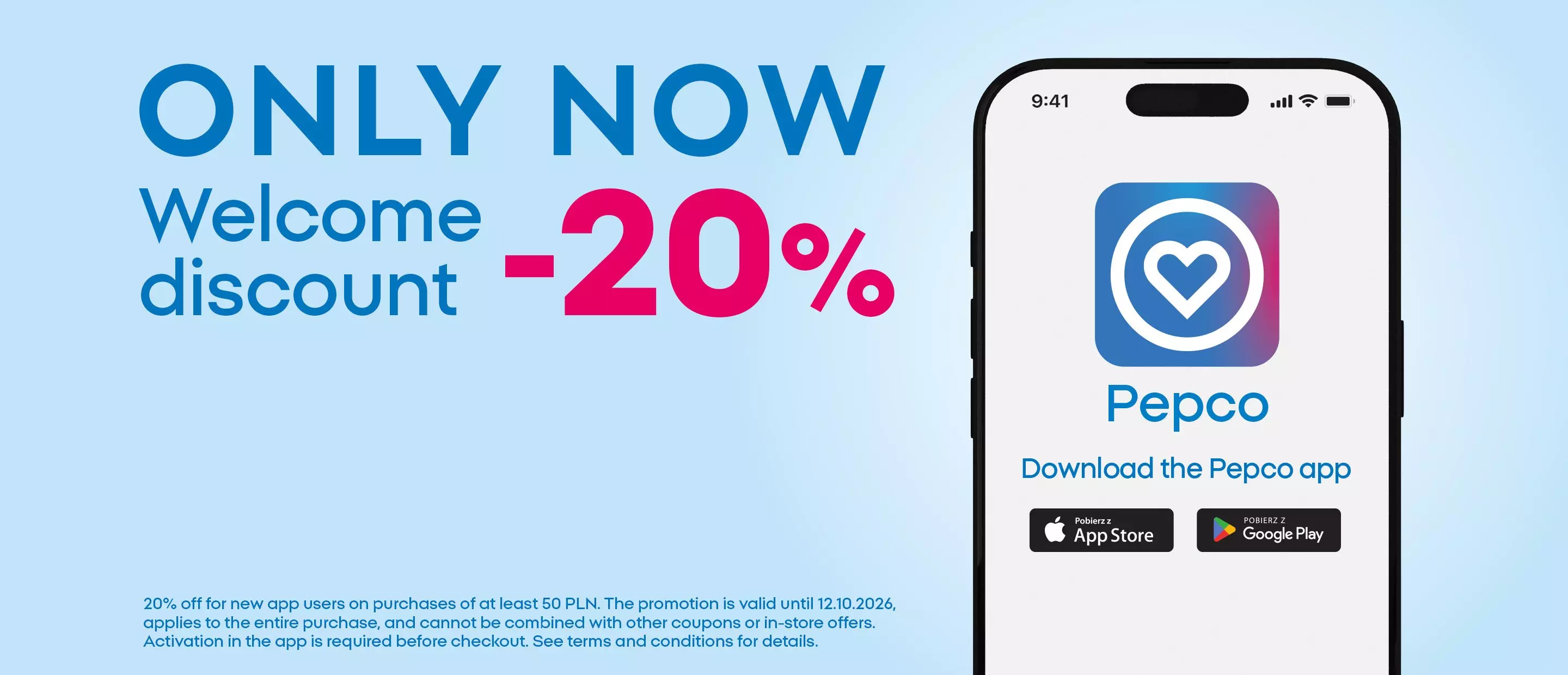 Pepco mobile app promotion offering 20% welcome discount for new users displayed on smartphone screen.