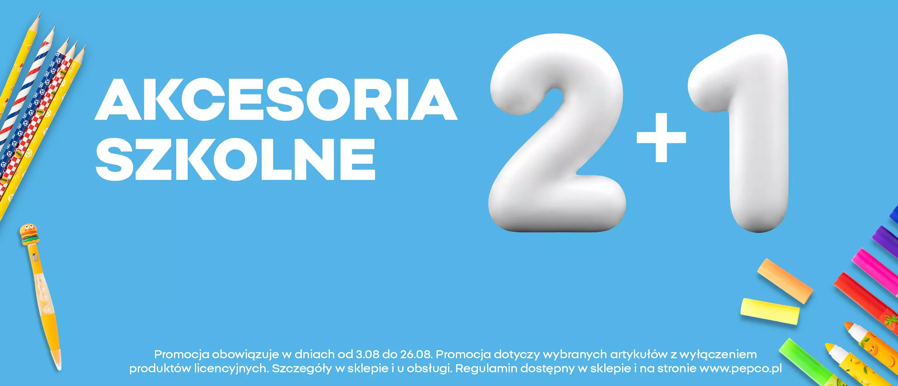 Promocja Pepco akcesoria szkolne 2+1 z kolorowymi ołówkami i kredkami.