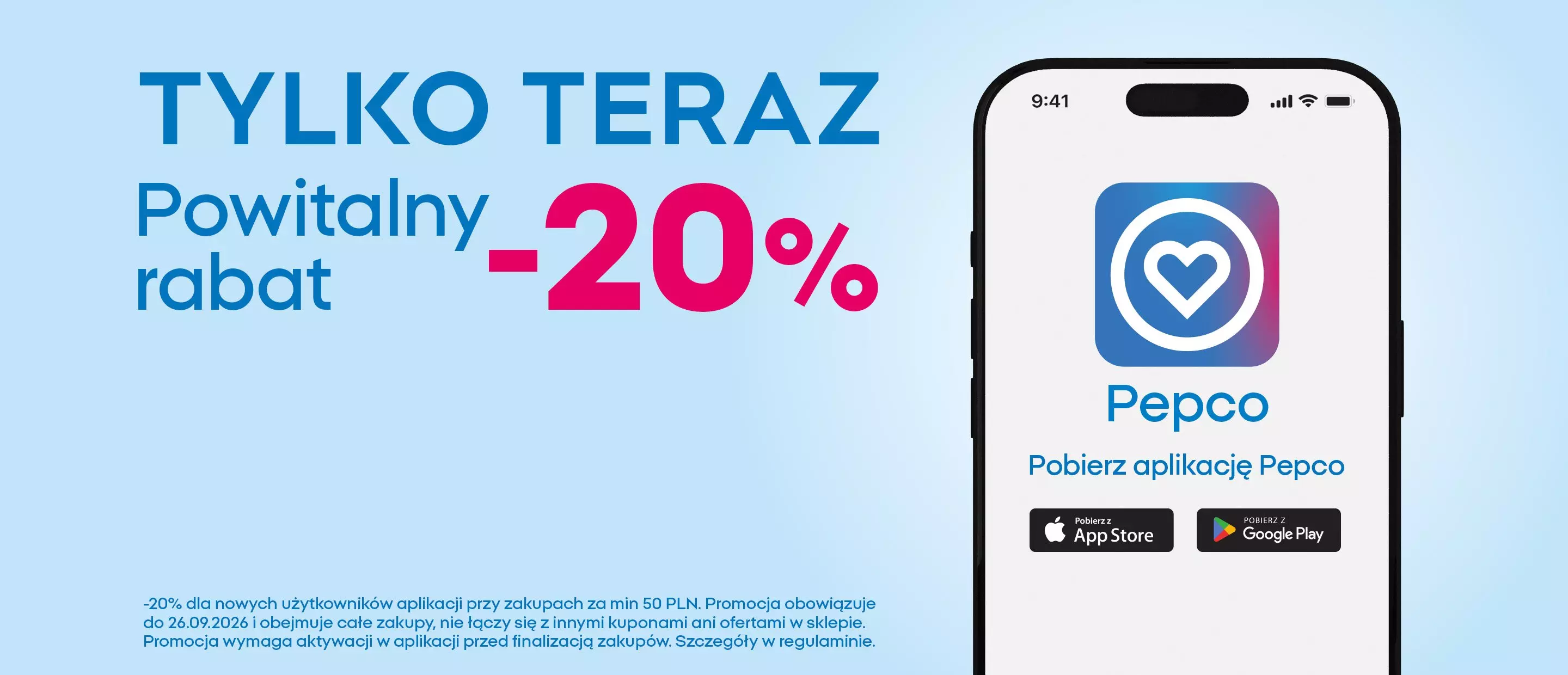 Smartfon z aplikacją mobilną Pepco oferującą powitalny rabat -20% dla nowych użytkowników.