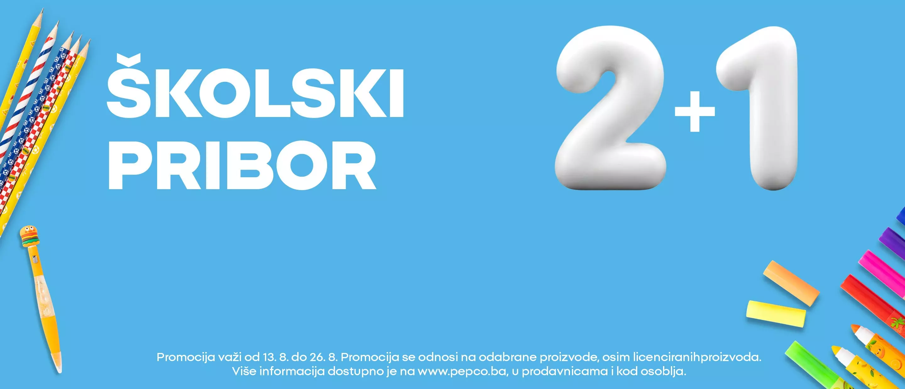 Pepco školski pribor promocija 2+1 sa šarenim olovkama i kredom.