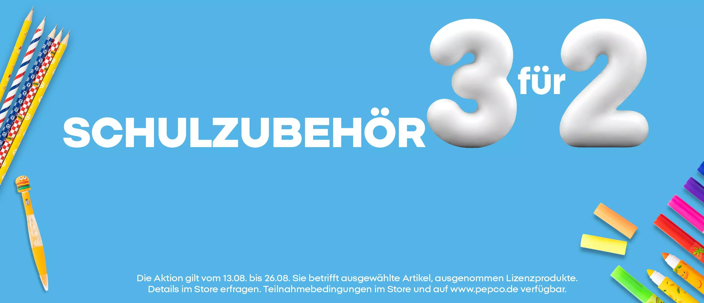 Pepco Schulzubehör 3 für 2 Aktion mit bunten Stiften und Schreibwaren.