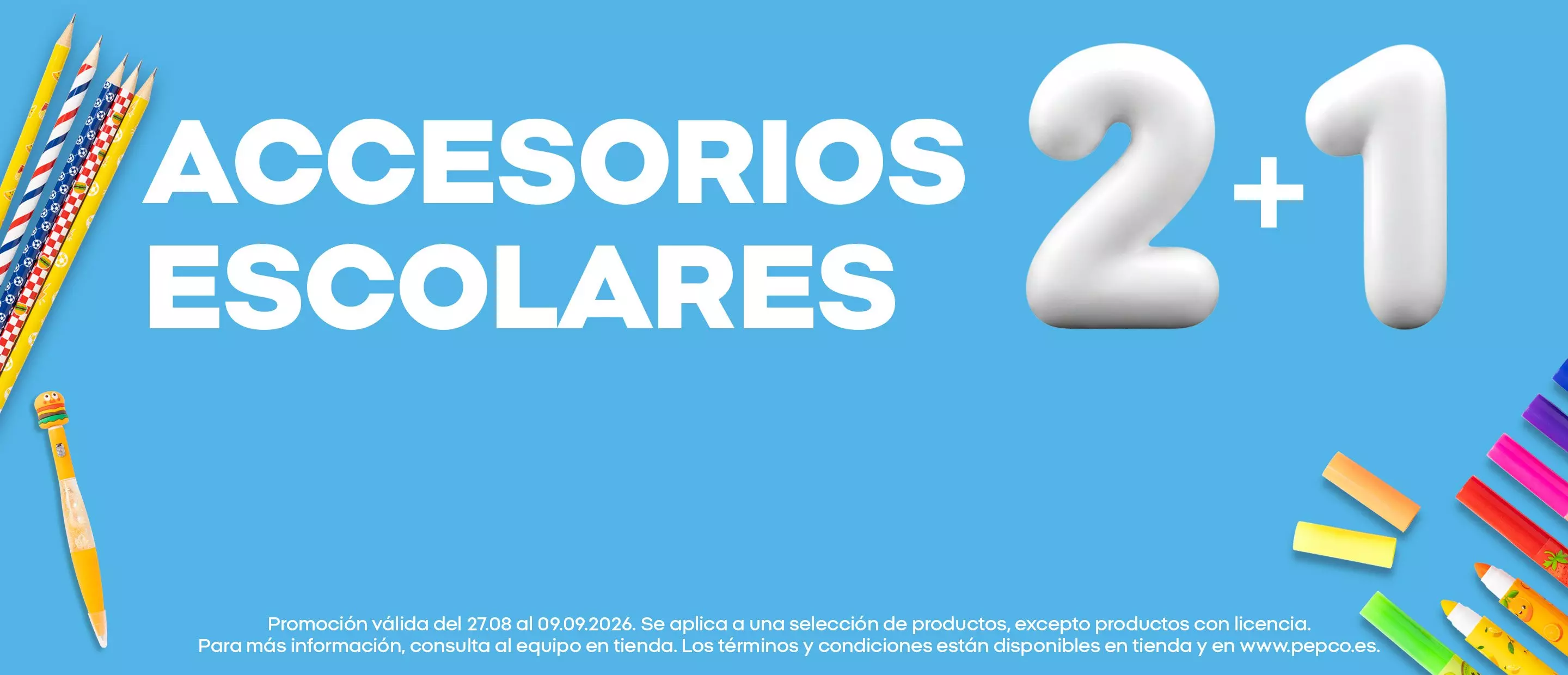 Promoción 2+1 en accesorios escolares de Pepco con lápices y rotuladores decorativos.