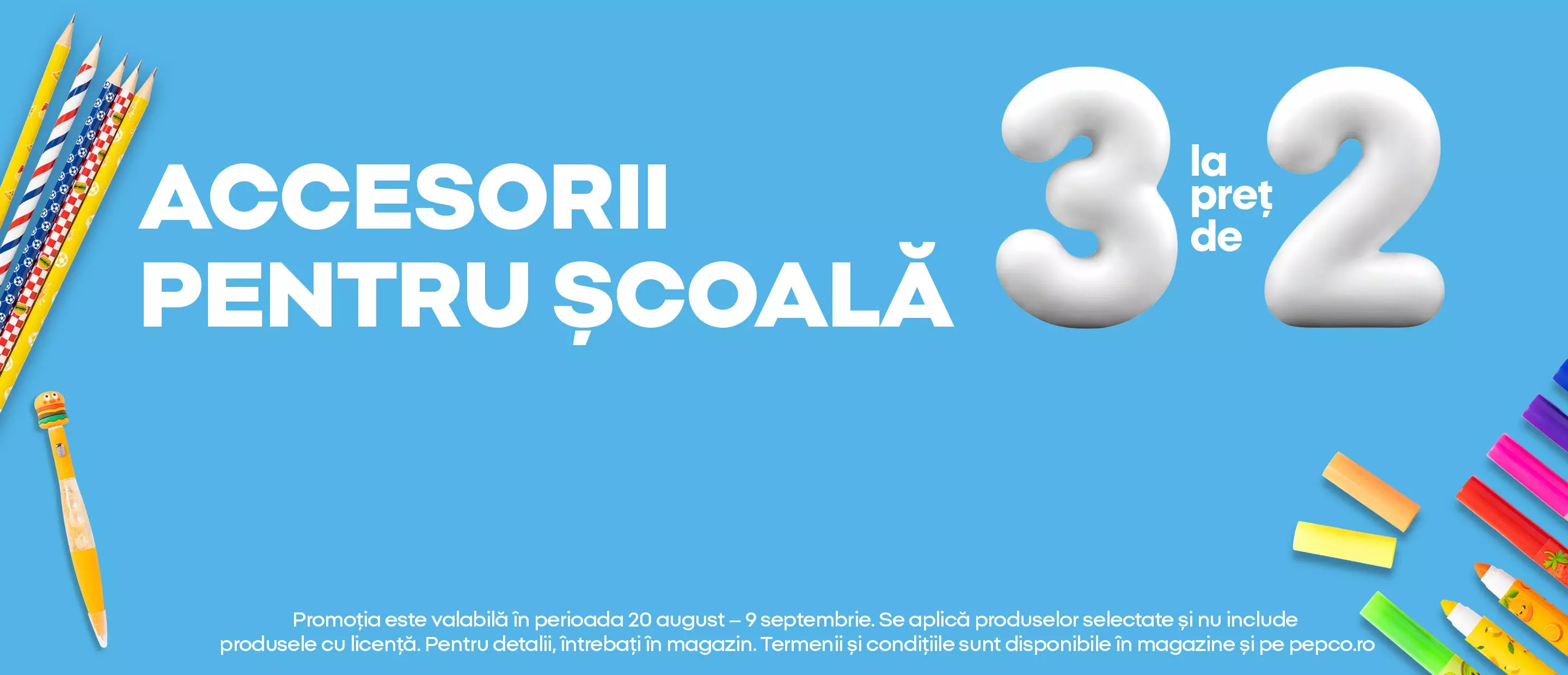 Promoție Pepco accesorii pentru școală 3 la preț de 2, cu creioane și pixuri colorate.