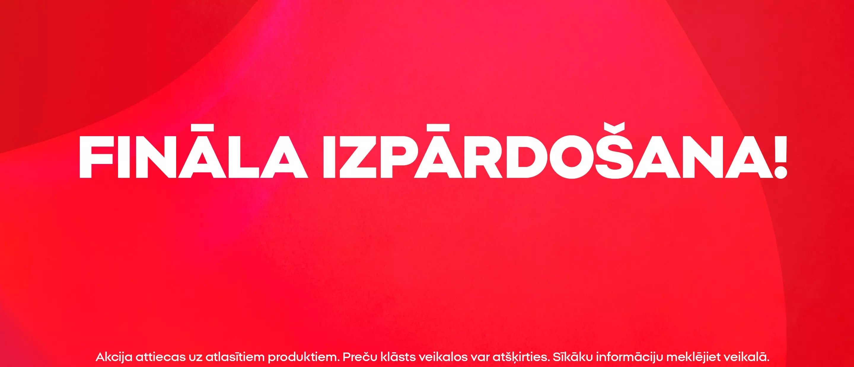 Pepco finālā izpārdošanas reklāmas baneris ar baltu tekstu uz sarkana fona.
