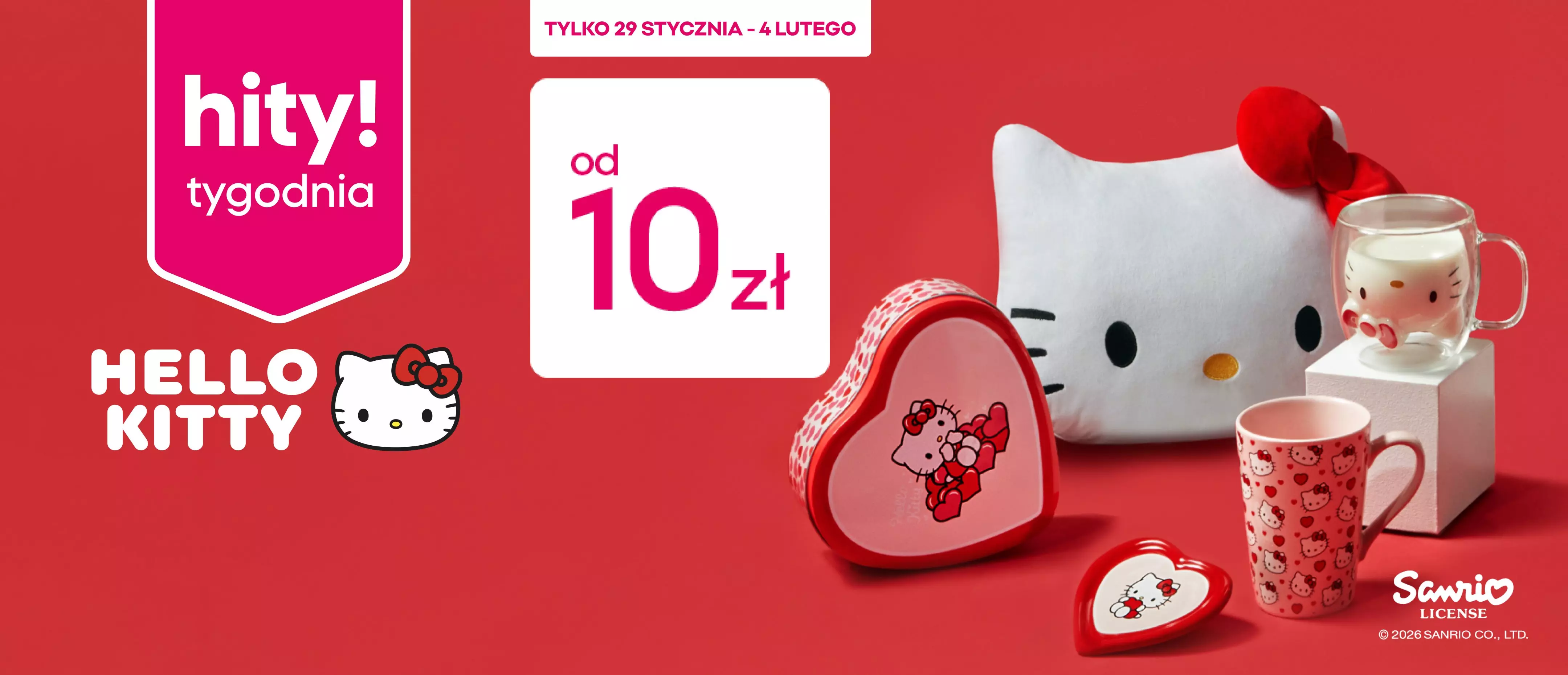 Promocja Hello Kitty w Pepco - poduszka, kubki i pudełka w kształcie serca od 10zł, dostępne 29 stycznia-4 lutego.