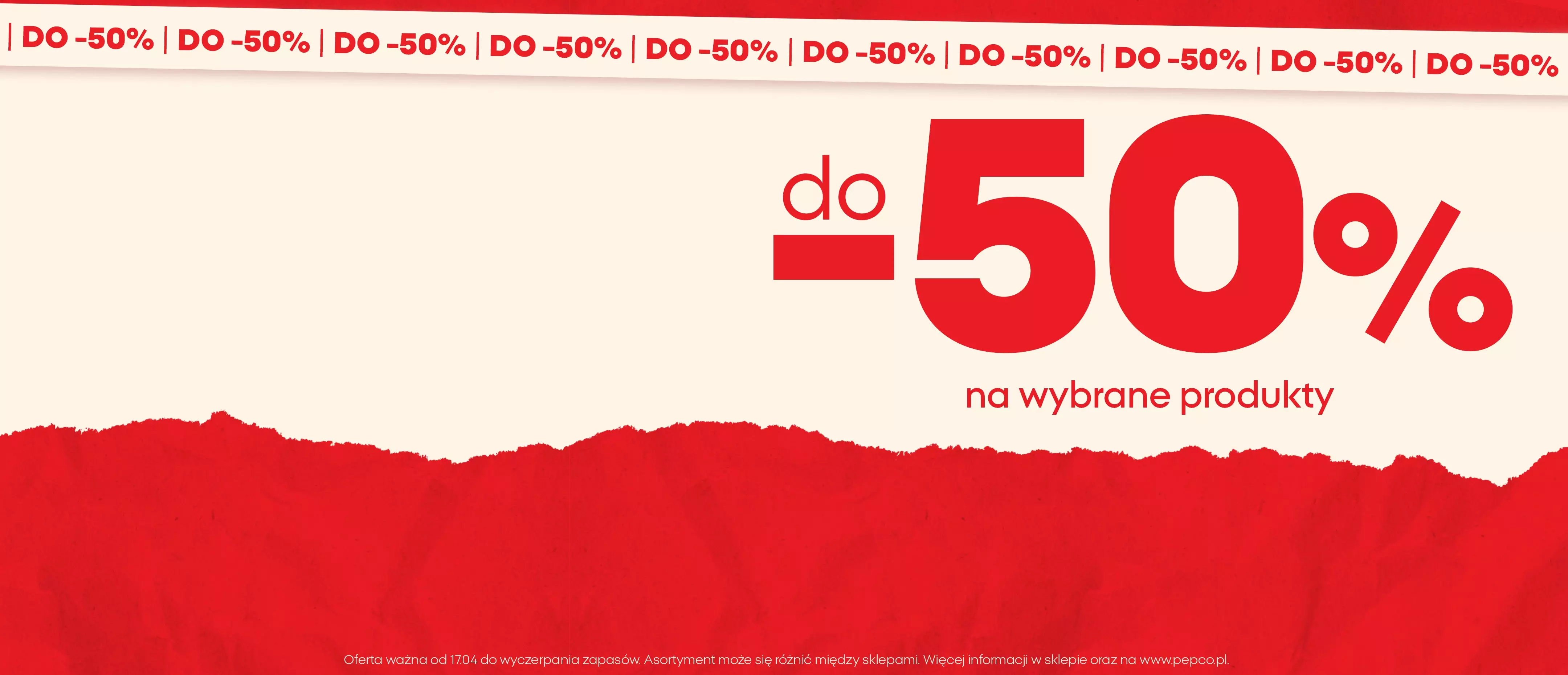 Baner promocyjny z napisem do -50% na wybrane produkty w kolorze czerwonym i beżowym.