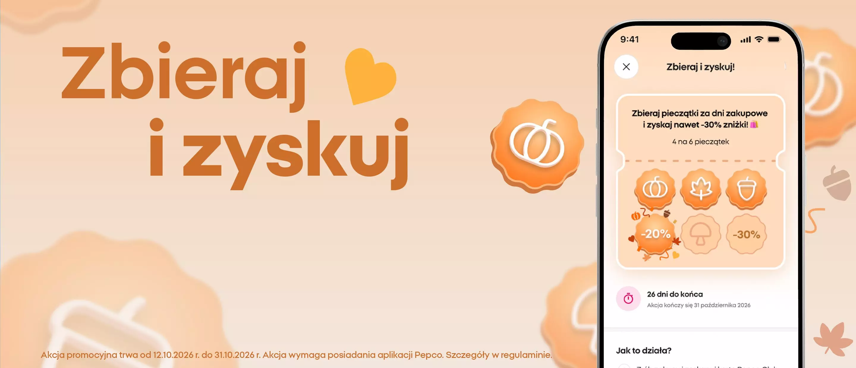 Aplikacja mobilna Pepco z programem lojalnościowym Zbieraj i zyskuj pokazująca pieczątki i zniżki.
