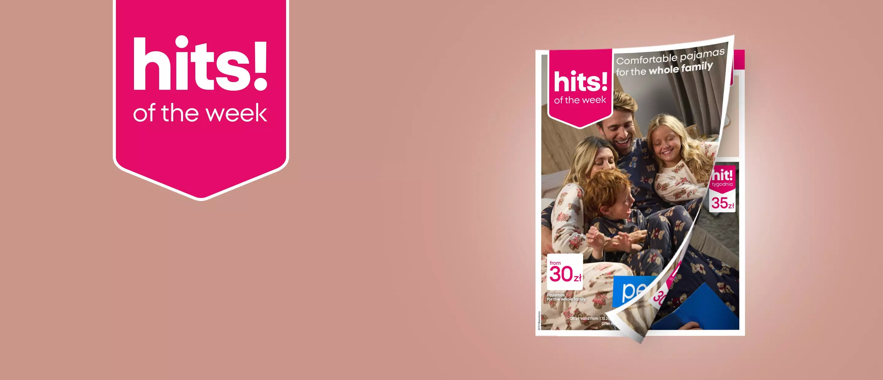 Pepco hits of the week promotional banner featuring family wearing comfortable pyjamas with pricing details.
