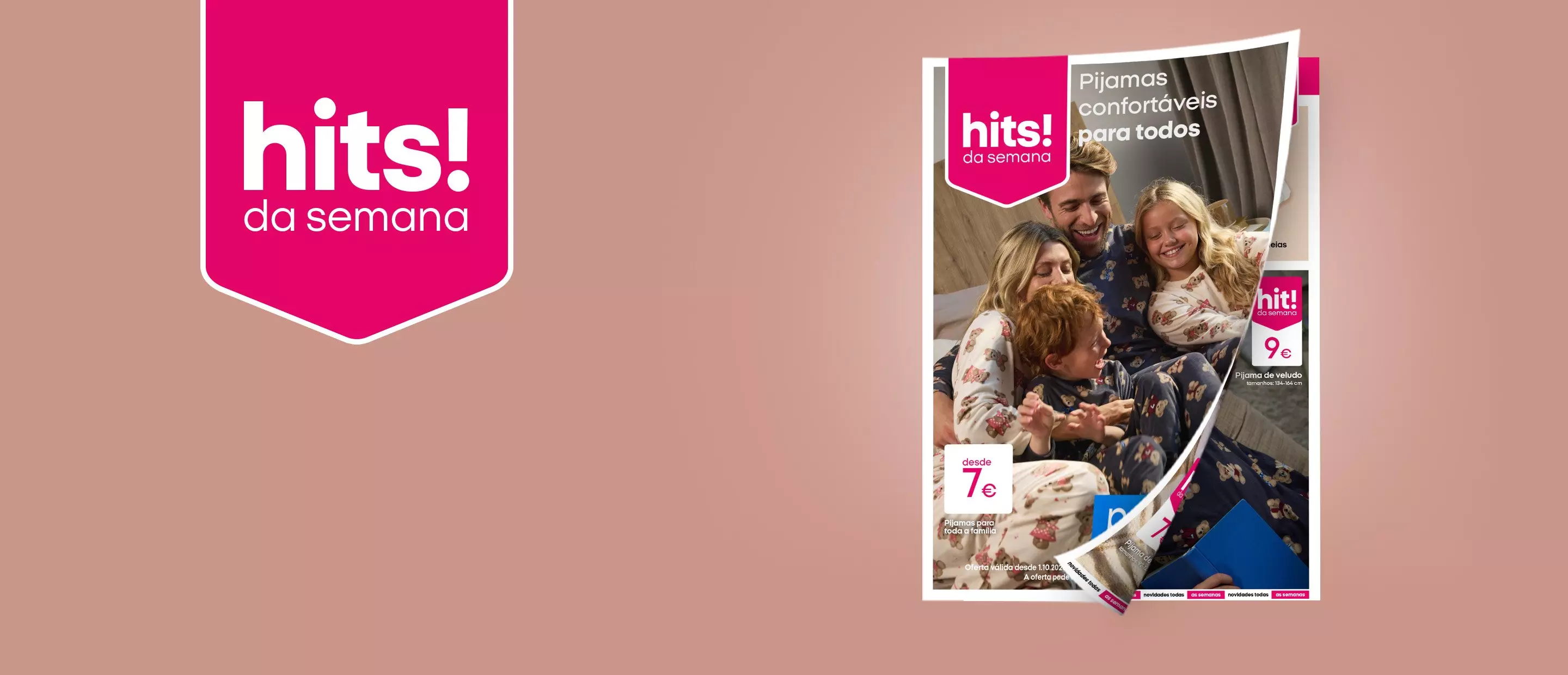 Família feliz em pijamas florais Pepco, folheto promocional hits! da semana com pijamas desde 7€.