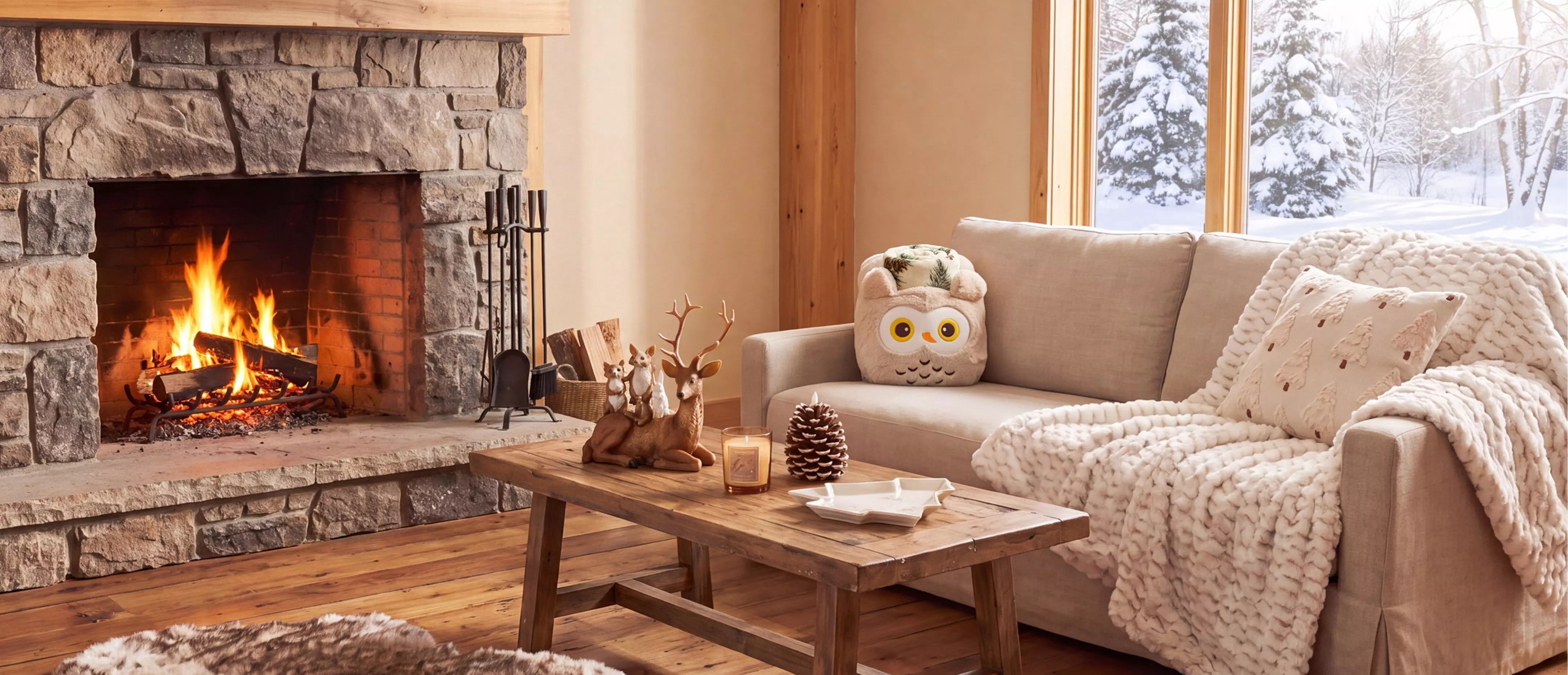 Pepco cosy living room with stone fireplace, beige sofa with owl cushion, chunky knit throw and winter view.