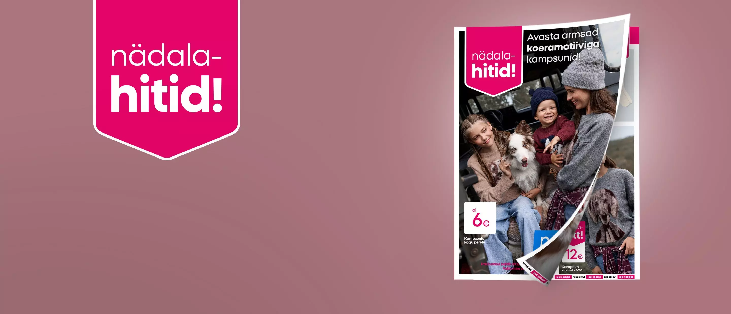 Pepco leaflet cover showing a family with a dog and the text nädala-hitid!.
