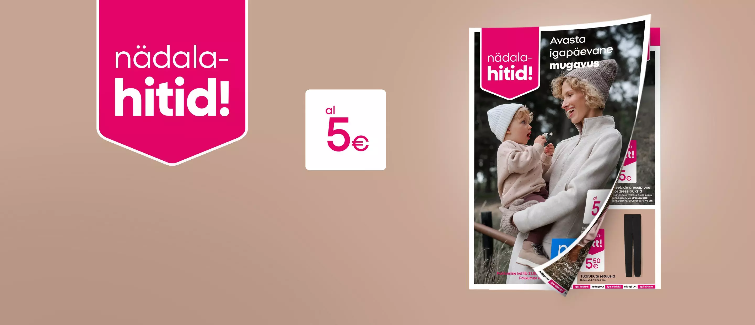 Pepco nädala-hitid kampaania reklaamleht koos emaga, kes hoiab last, hinnad alates 5 eurost.