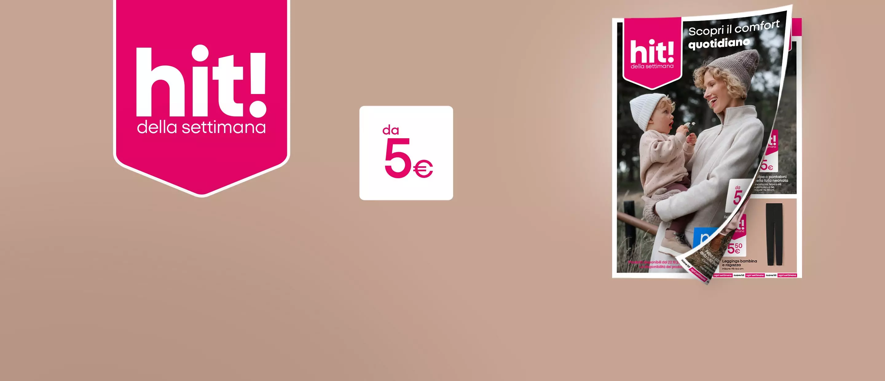 Promozione Pepco hit! della settimana con prodotti da 5€ e catalogo con mamma e bambina in abbigliamento invernale.