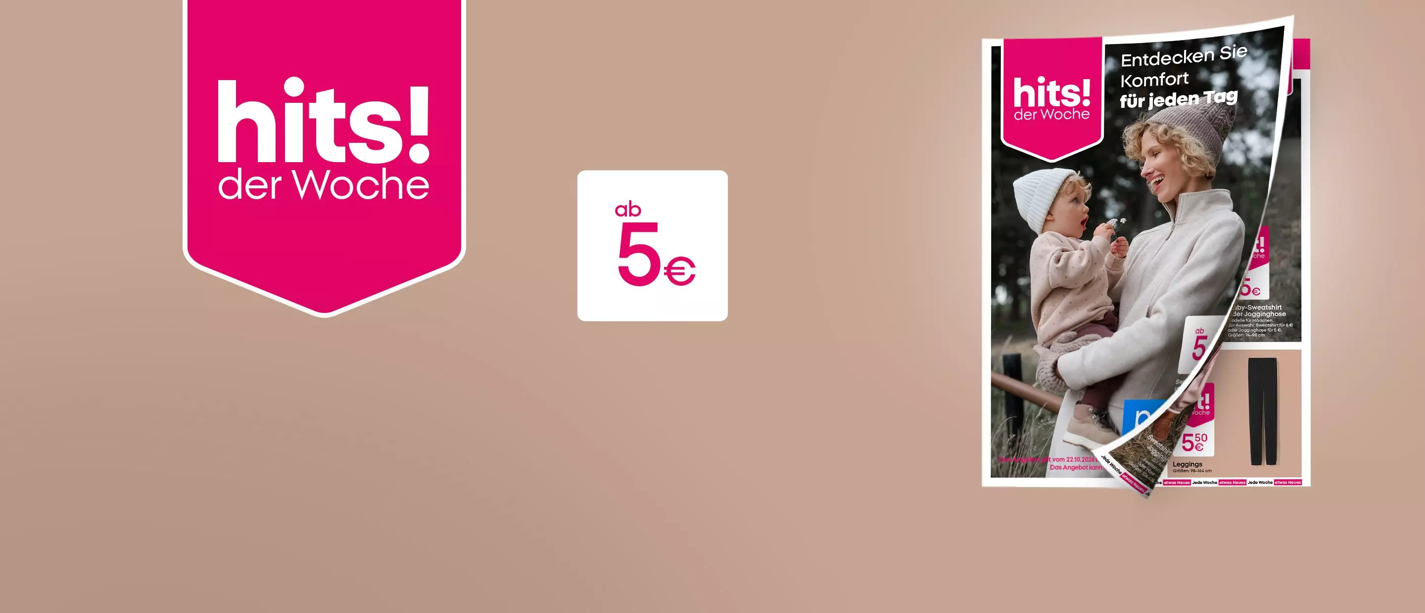 Pepco Werbung mit hits! der Woche Angeboten ab 5 Euro und Mutter mit Kind in weißer Kleidung.