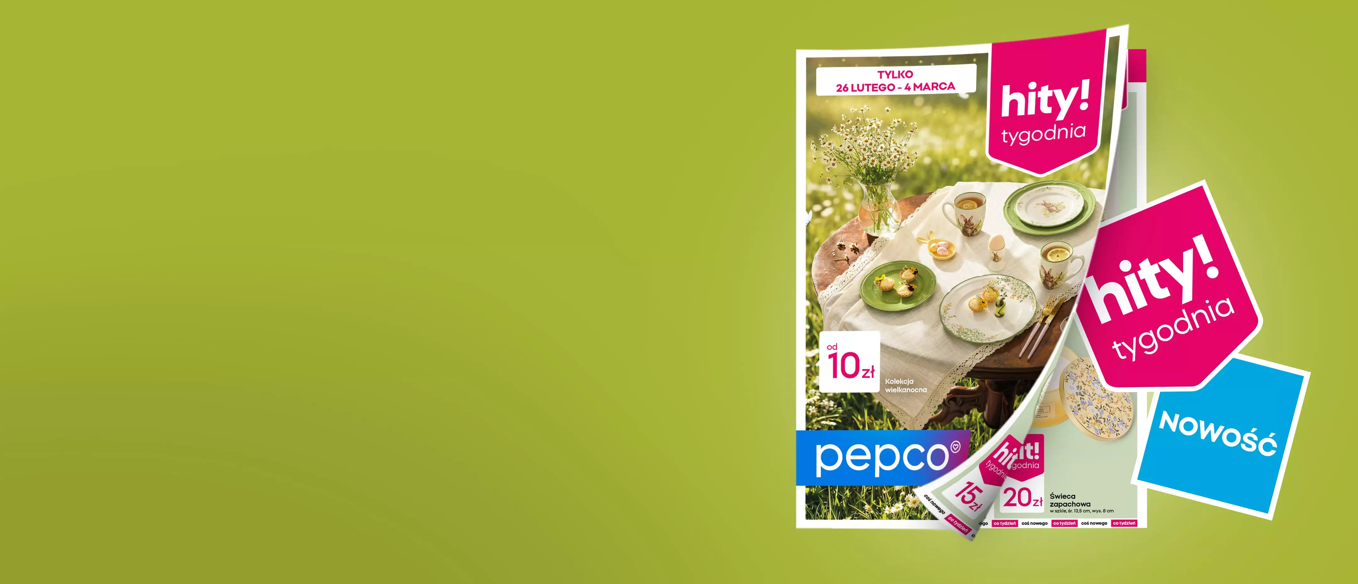 Katalog promocyjny Pepco z wiosenną zastawą stołową, oznaczony jako "hity tygodnia" z cenami od 10 zł.
