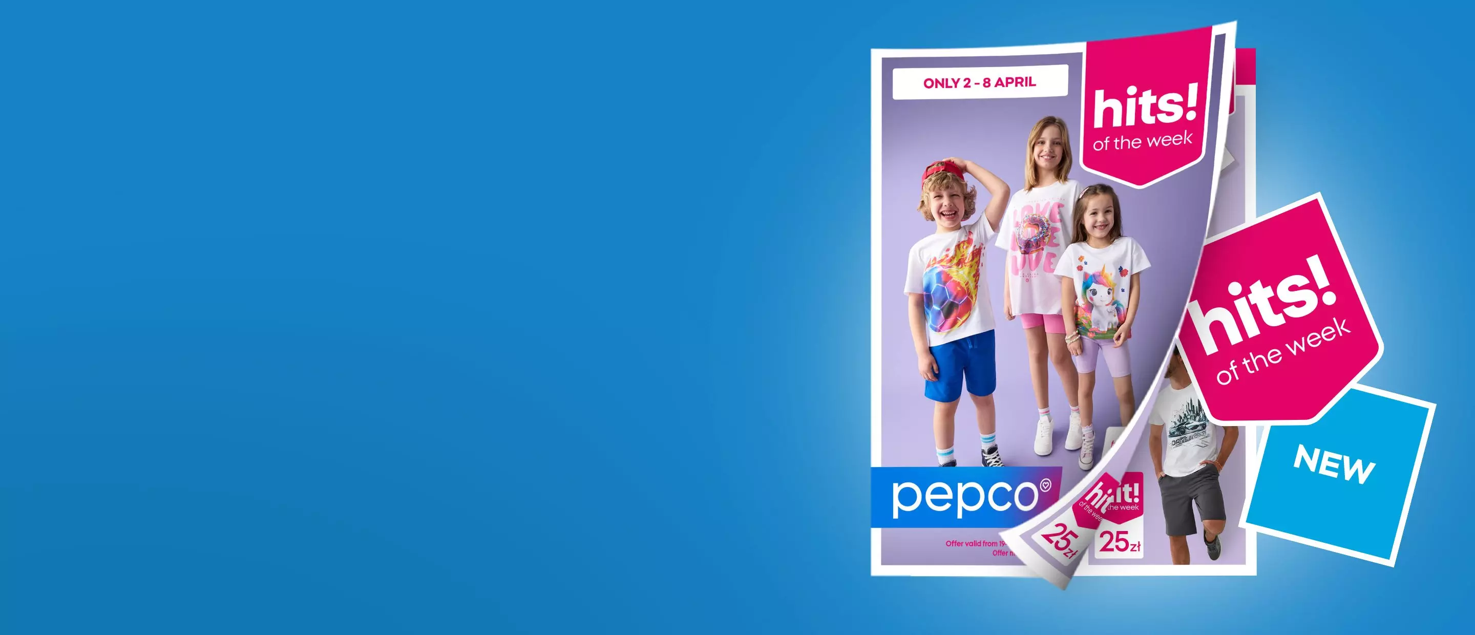 Pepco promotional flyer showing children wearing colourful graphic t-shirts for the hits of the week offer.