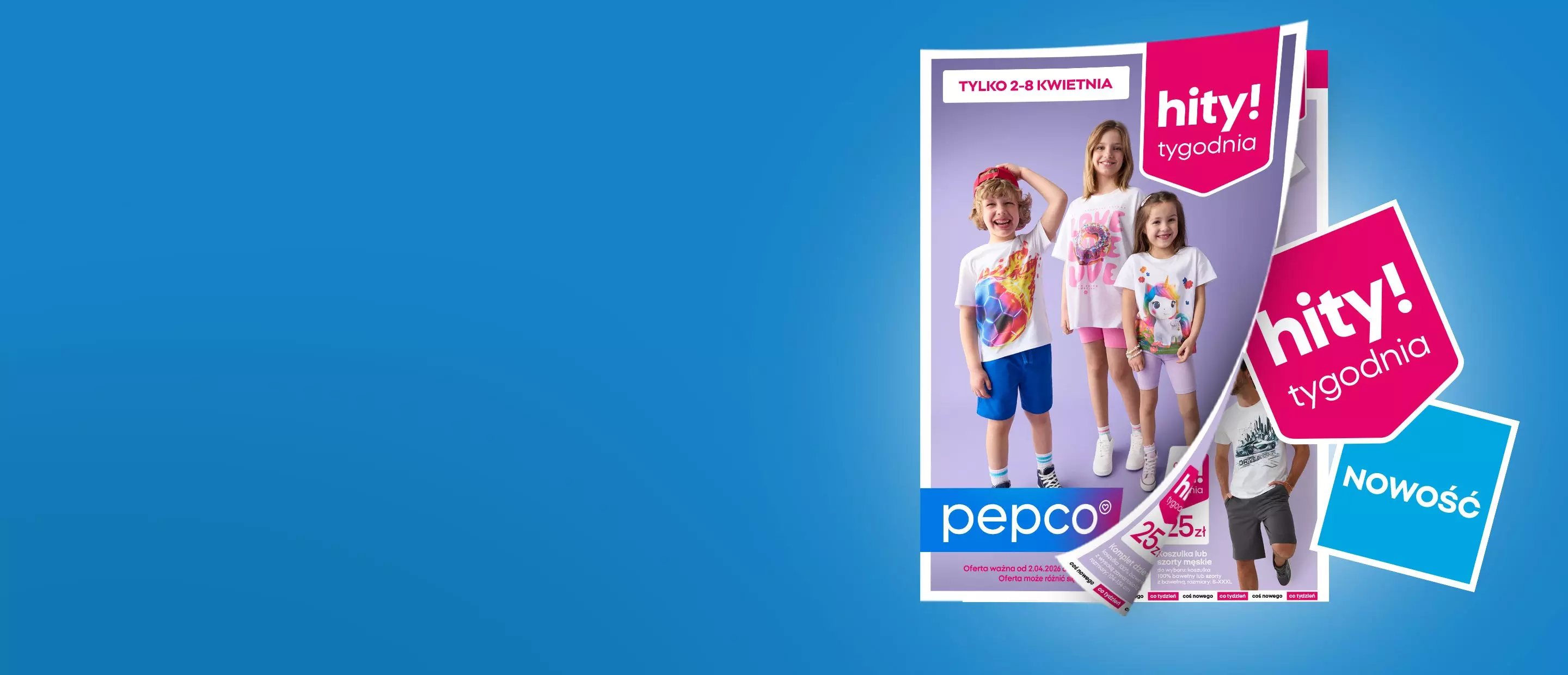 Gazetka promocyjna Pepco z kolorowymi ubraniami dziecięcymi i napisem "hity tygodnia".