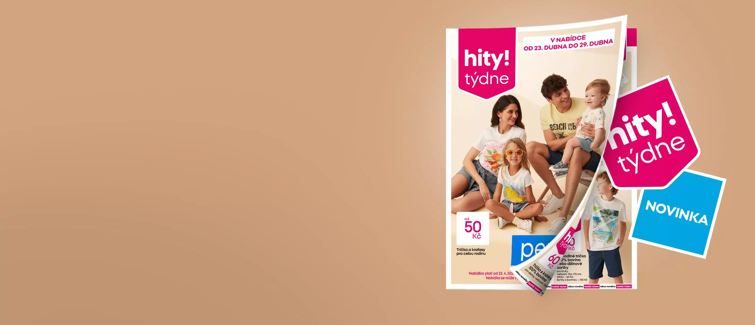 Reklamní leták s rodinou a textem "hity týdne" a "NOVINKA" pro jarní a letní módu.