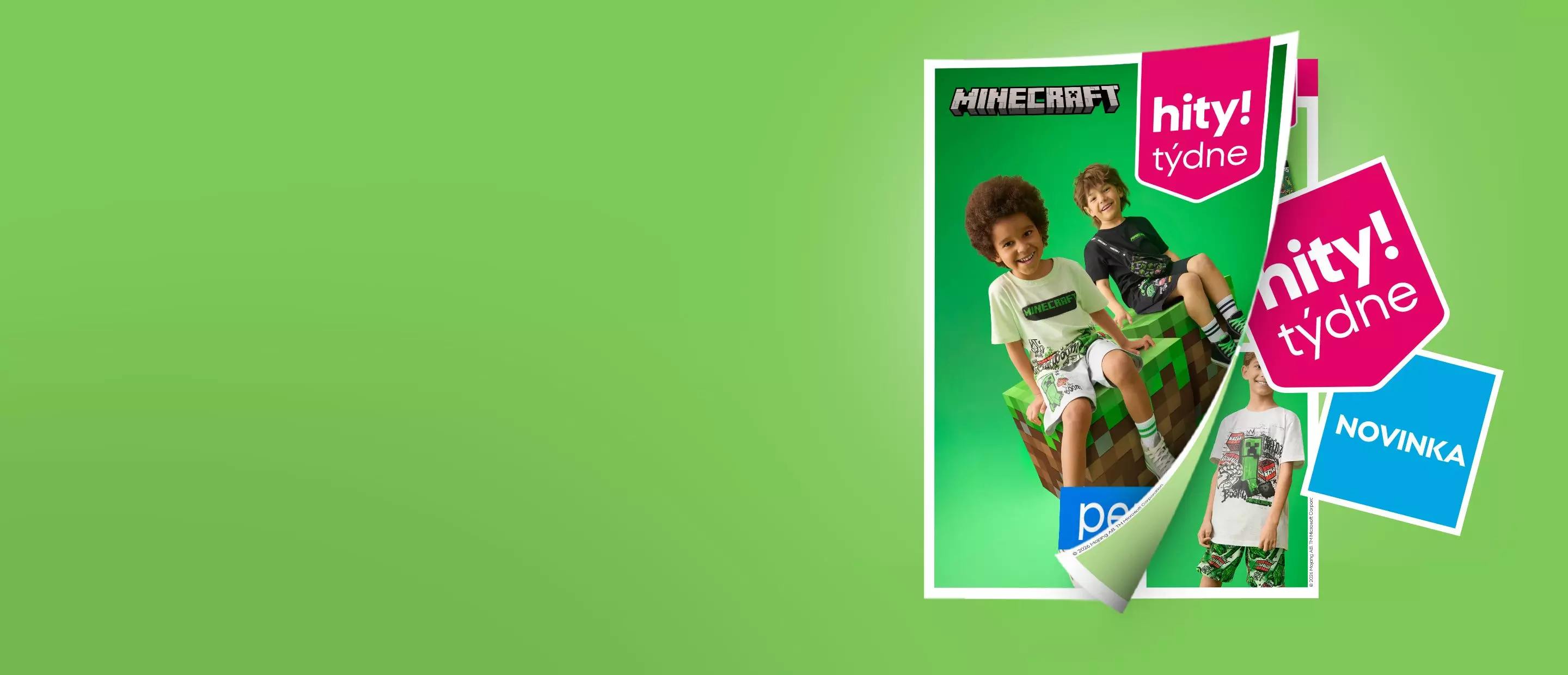 Děti v oblečení s motivy Minecraft, koláž s textem "hity týdne" a "NOVINKA".