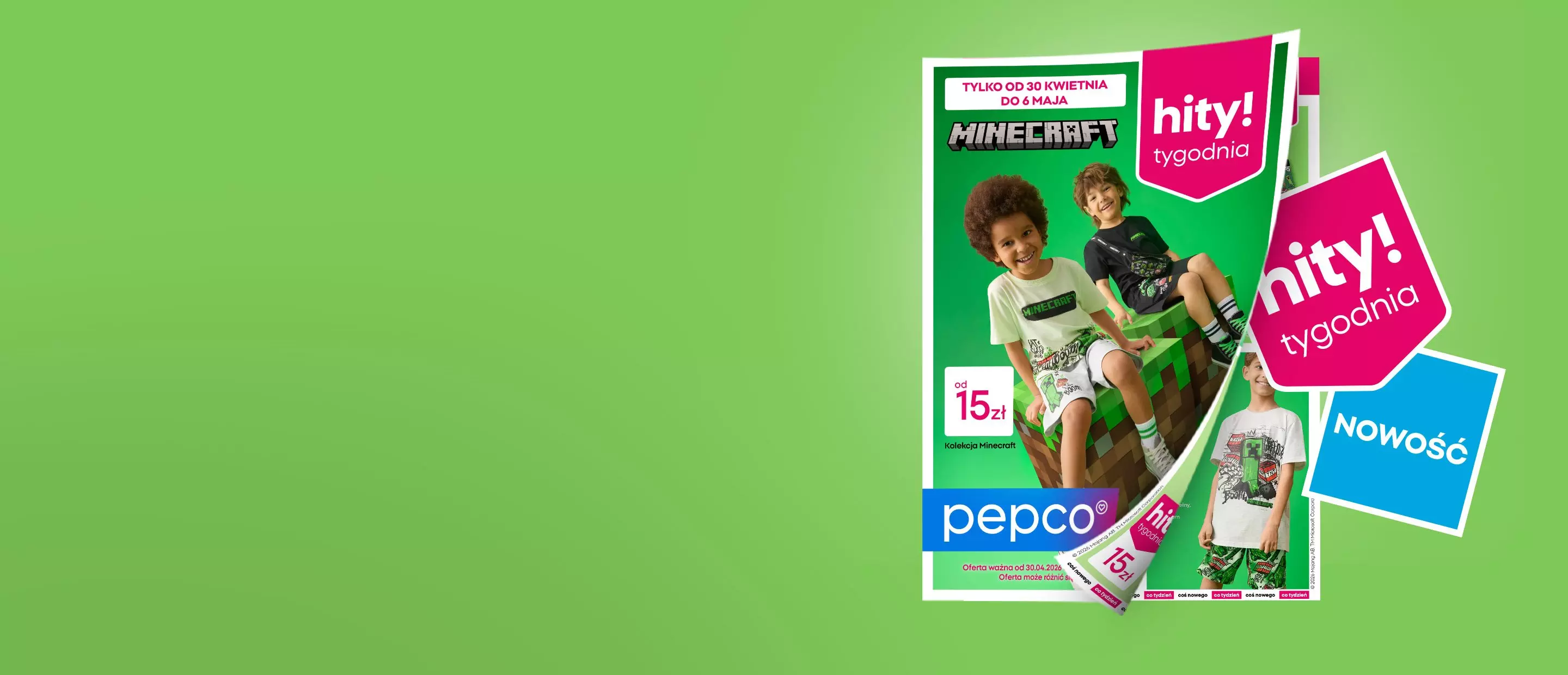 Katalog Pepco z kolekcją ubrań dziecięcych Minecraft, promocja od 15 zł.