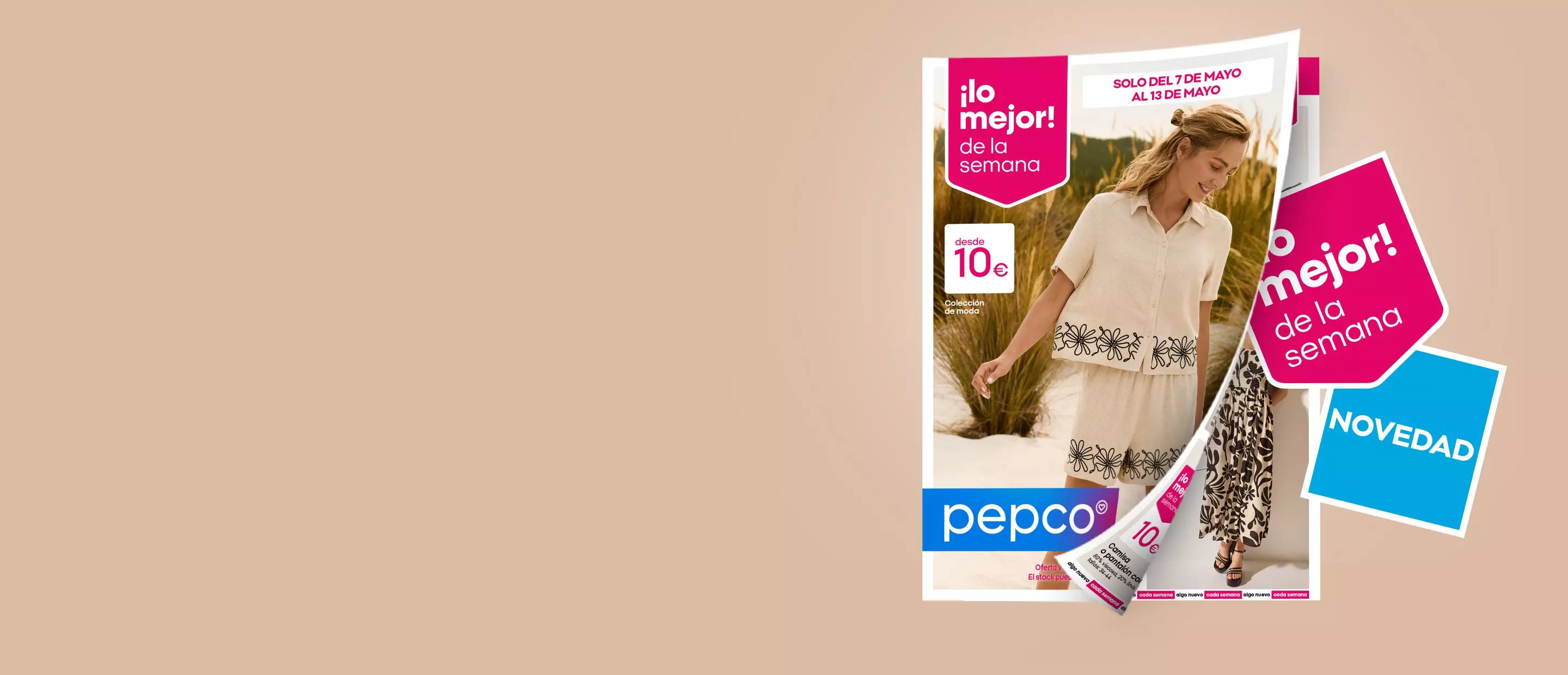 Catálogo de moda pepco con mujer vistiendo conjunto beige con estampado floral, promoción desde 10€.