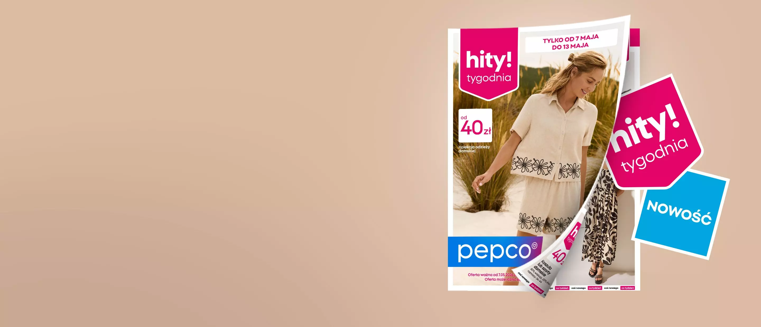 Gazetka promocyjna Pepco z ofertą od 40 zł, kobieta w beżowej sukience z kwiatowym wzorem.