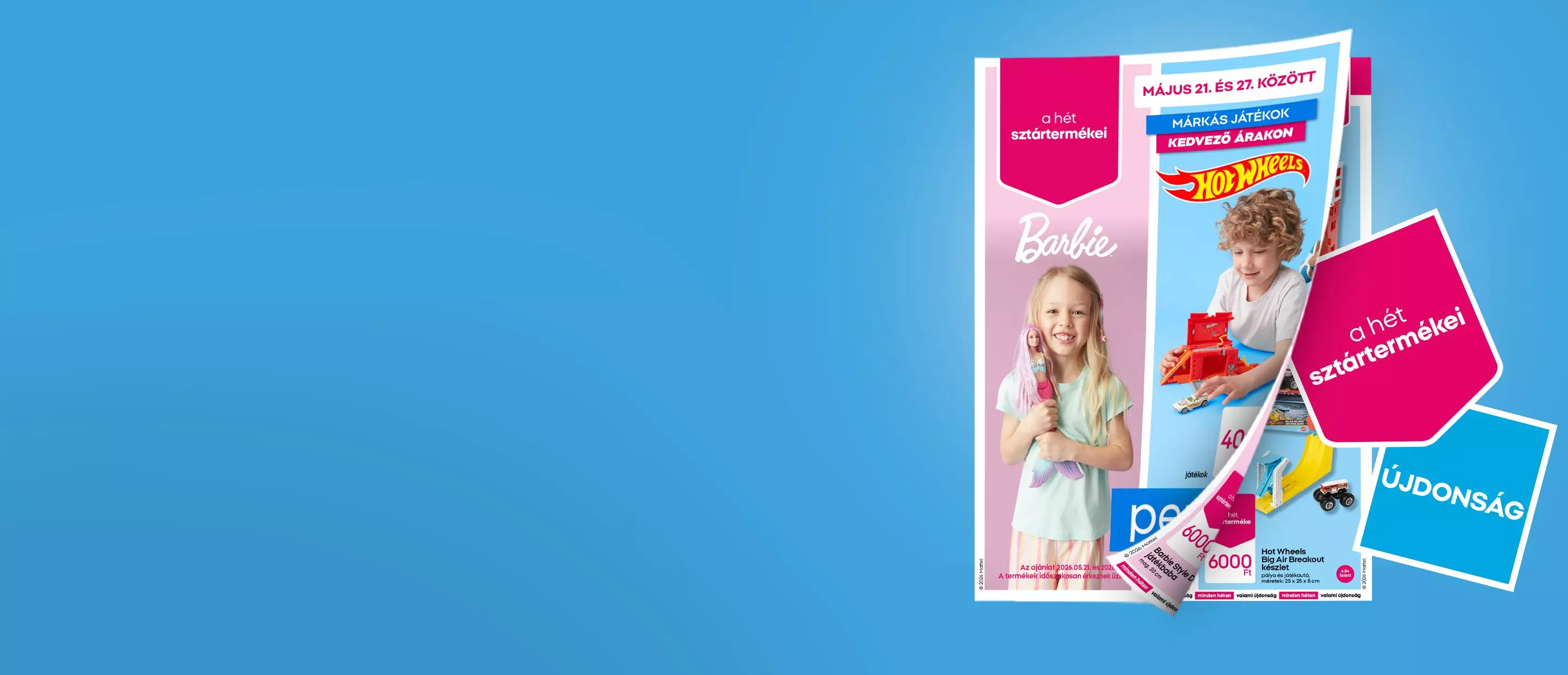 Pepco promóciós újságok Barbie és Hot Wheels játékokkal, gyermekek mosolyognak a képeken.