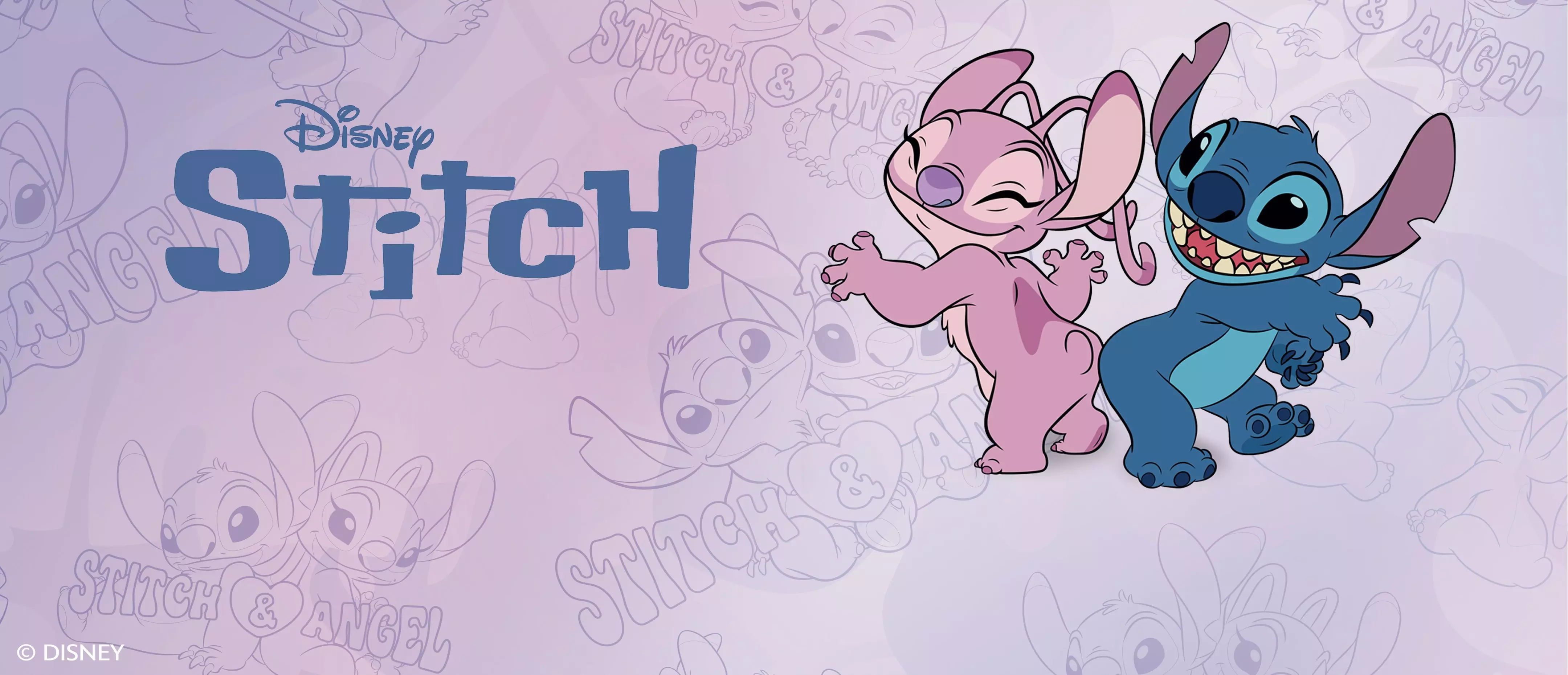 Pepco - personajele Disney Stitch și Angel dansează pe un fundal roz cu logo-ul Stitch.