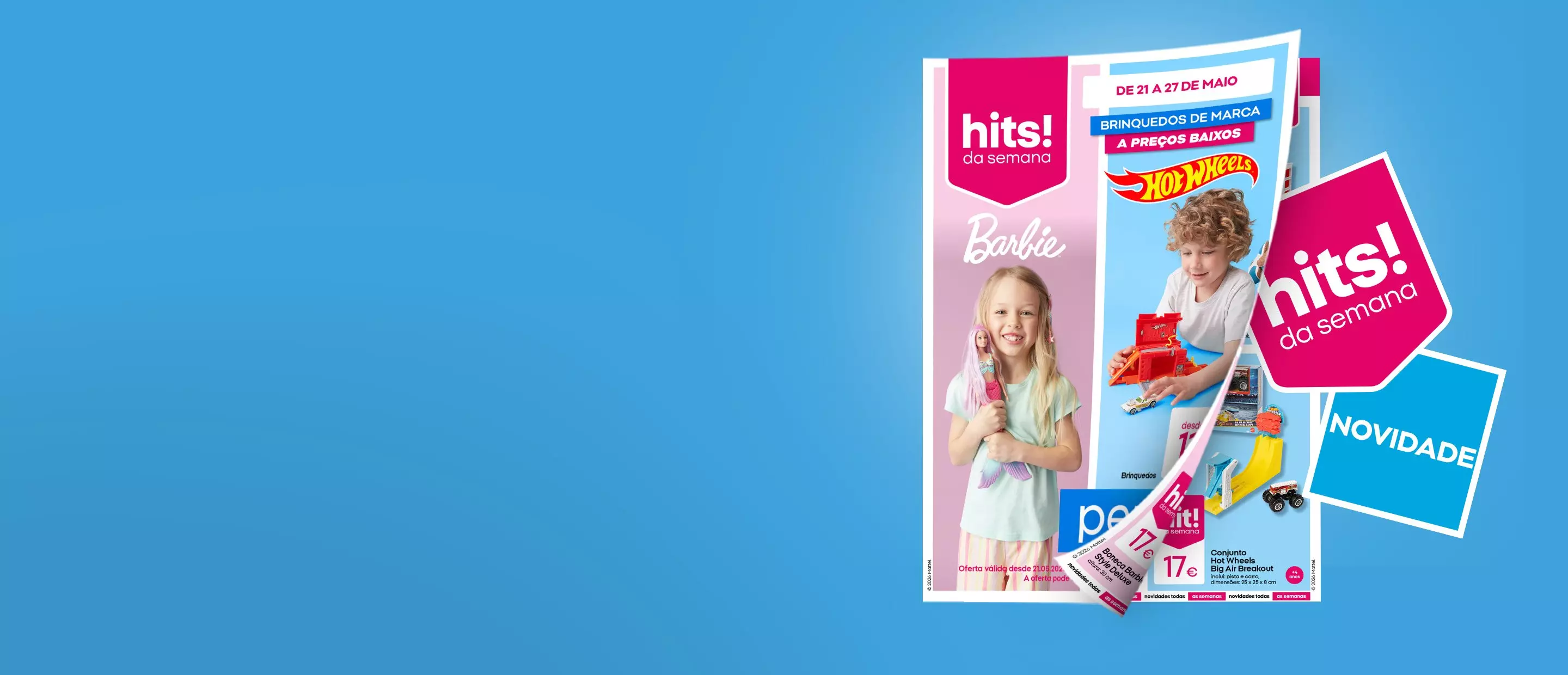 Folhetos promocionais Pepco com brinquedos de marca Barbie e Hot Wheels, crianças a brincar, hits da semana.