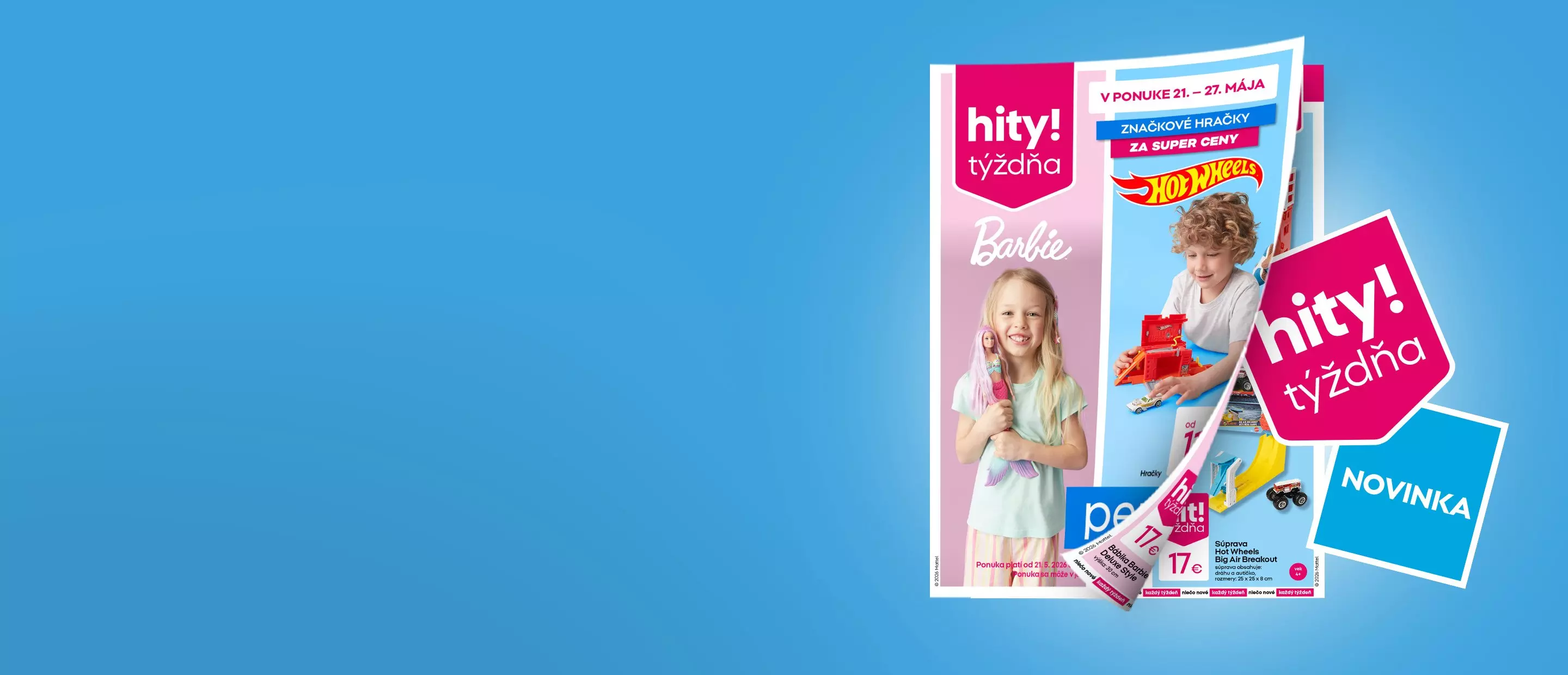 Pepco propagačný leták s hračkami Barbie a Hot Wheels, dievča a chlapec s produktmi.
