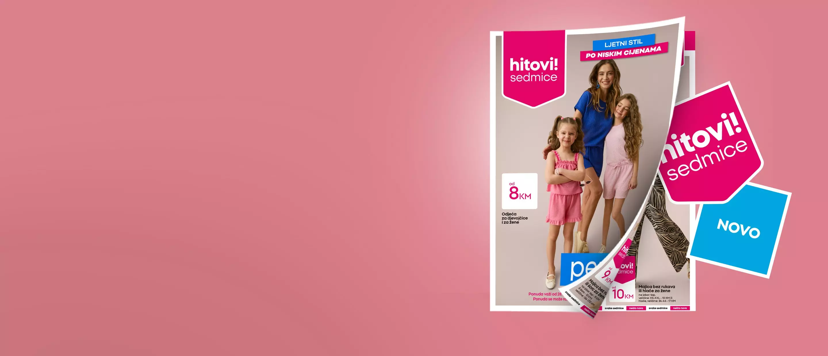 Pepco promotional leaflet showing three girls in pink and blue clothing with hitovi sedmice weekly deals signage.