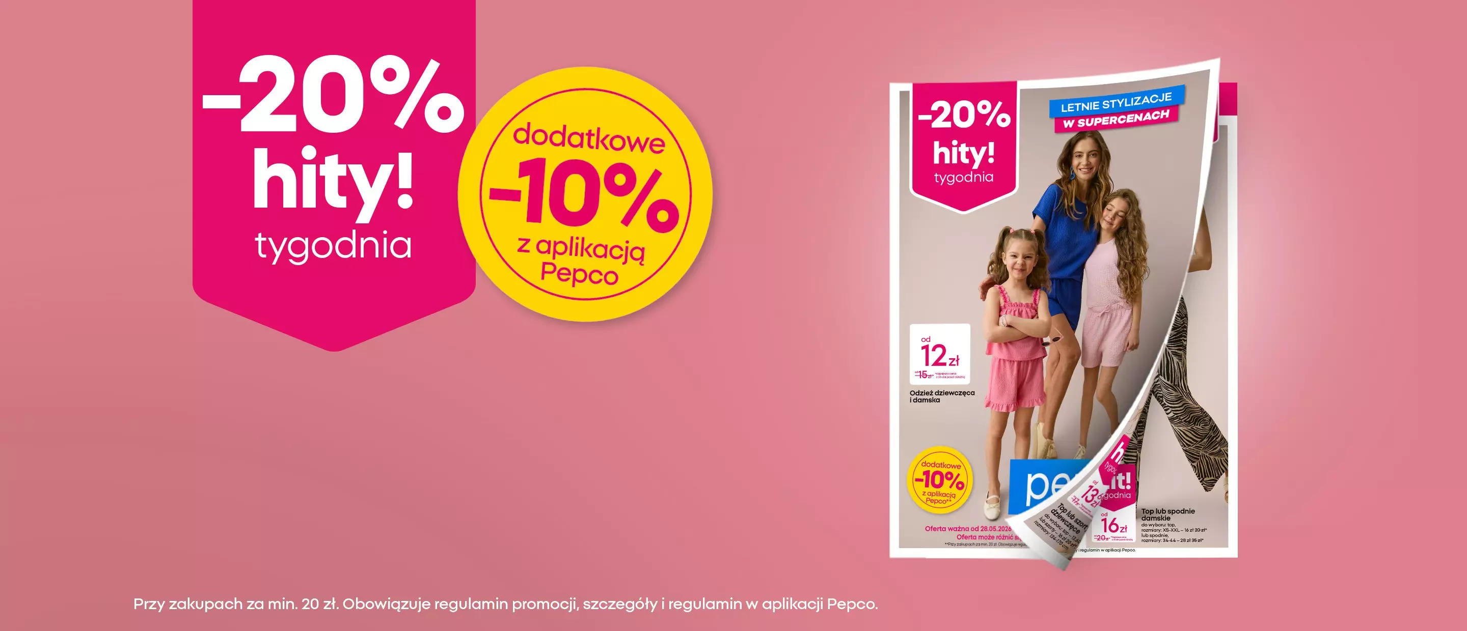 Promocja Pepco: -20% hity tygodnia i dodatkowe -10% z aplikacją, widoczna gazetka z rodziną.