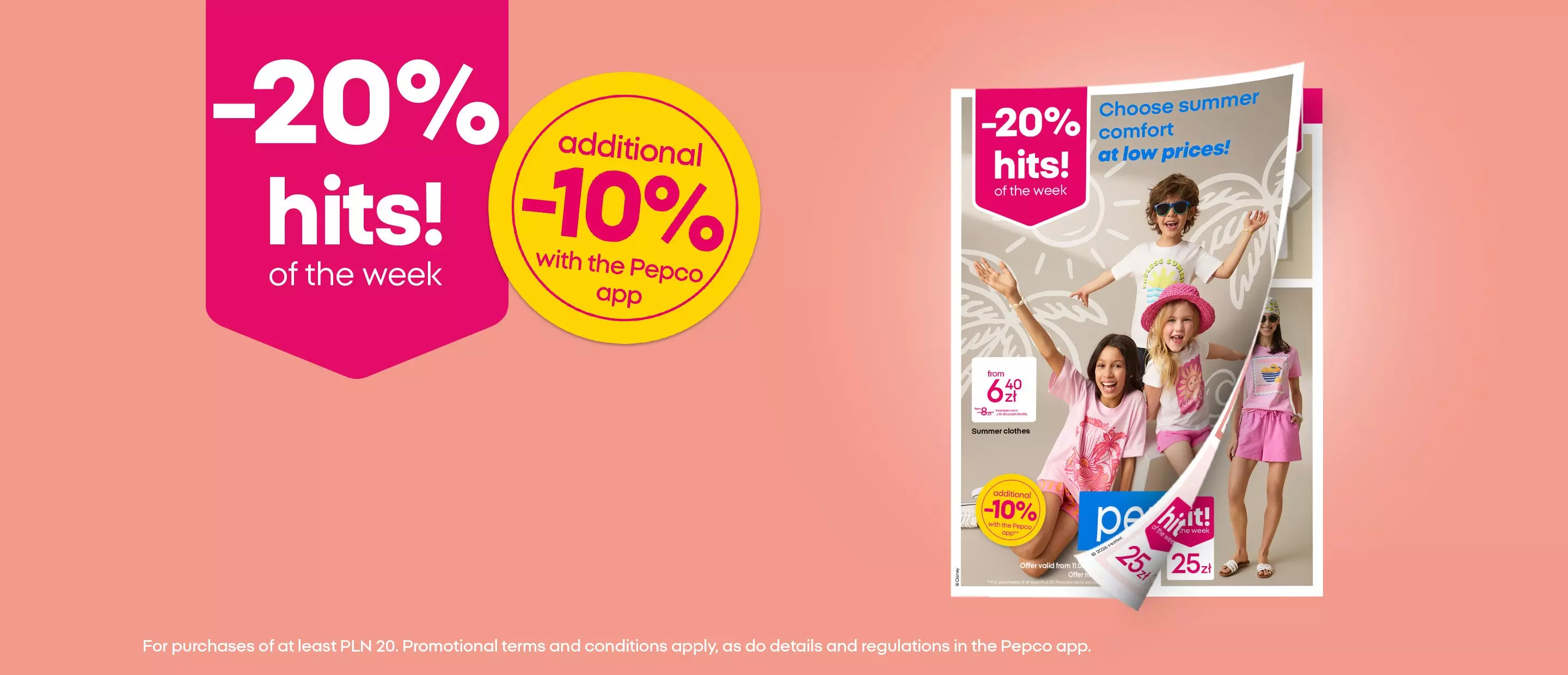 Pepco promotional banner showing -20% hits of the week and additional -10% with app alongside summer children's clothing catalogue.
