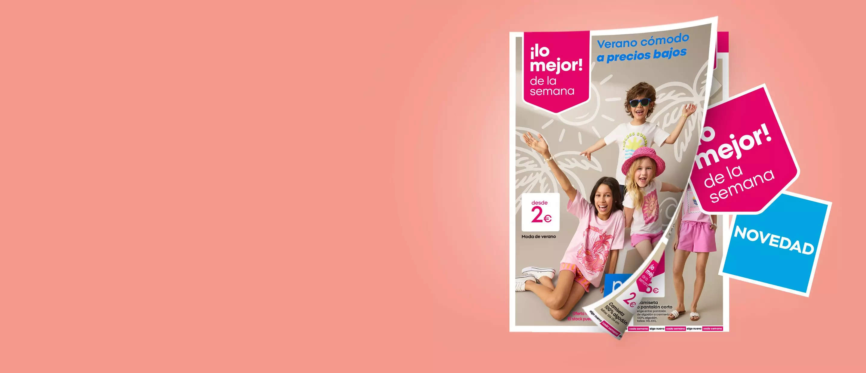 Catálogo Pepco de moda de verano infantil con niños sonriendo, precios desde 2€.