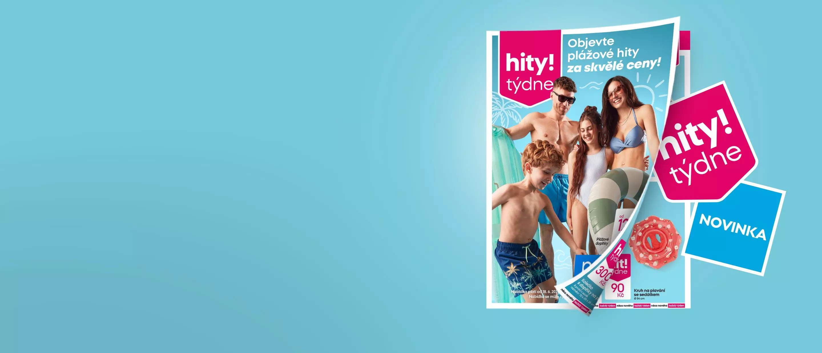 Pepco katalog s rodinou v plavkách a plážovými doplňky s nápisem hity! týdne.