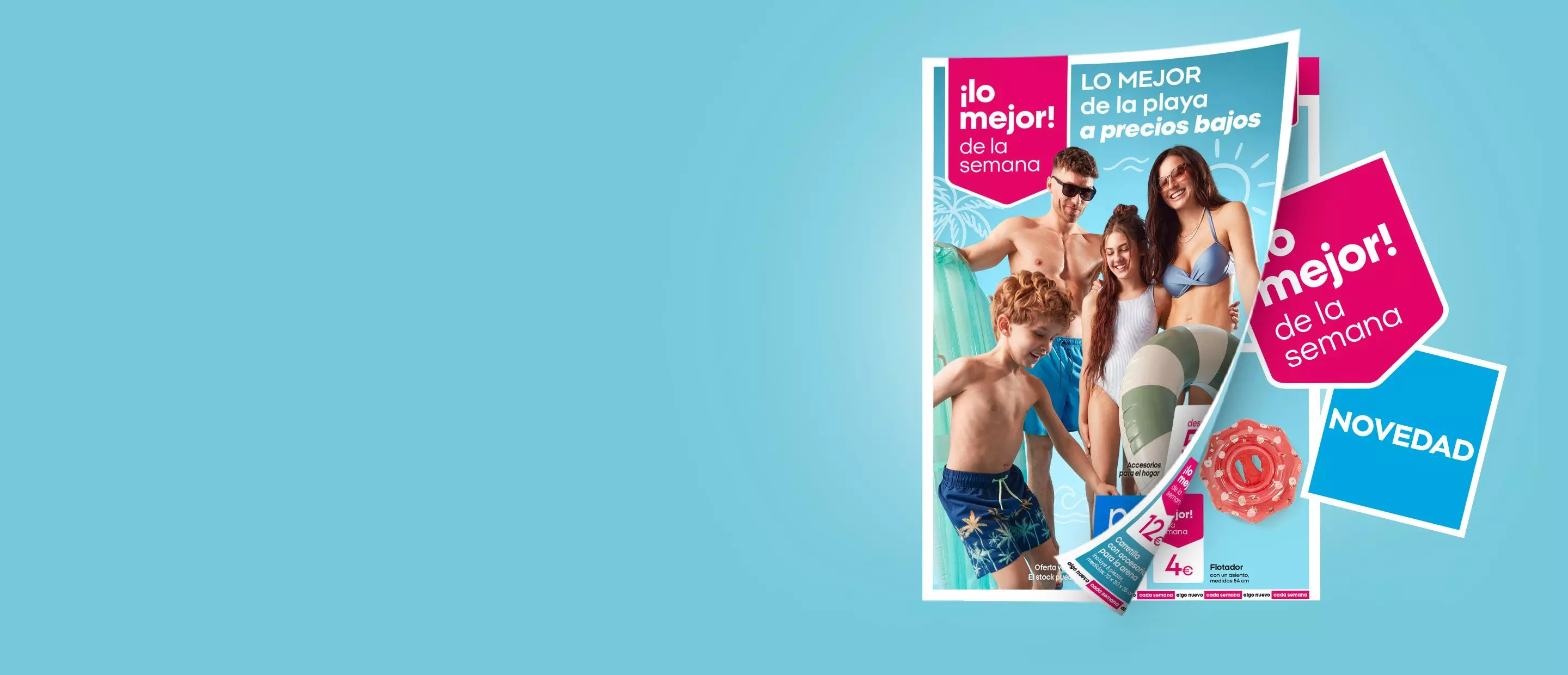 Catálogo Pepco con familia en ropa de playa disfrutando juntos, mostrando ofertas de verano a precios bajos.