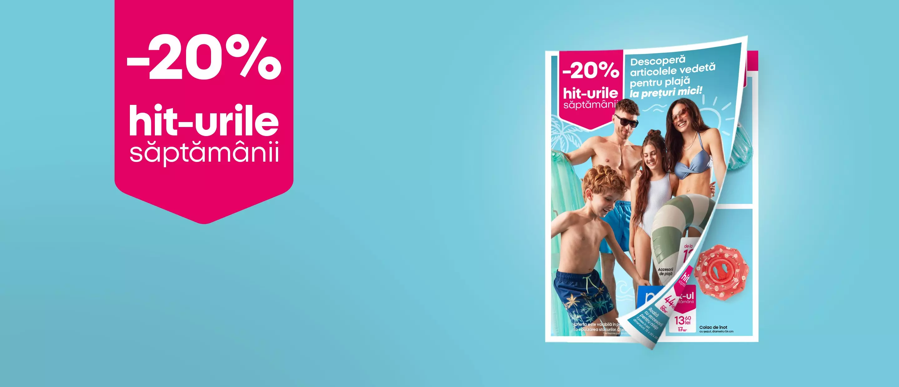 Reducere de 20% la hit-urile săptămânii pentru plajă la Pepco, cu familie în costum de baie.