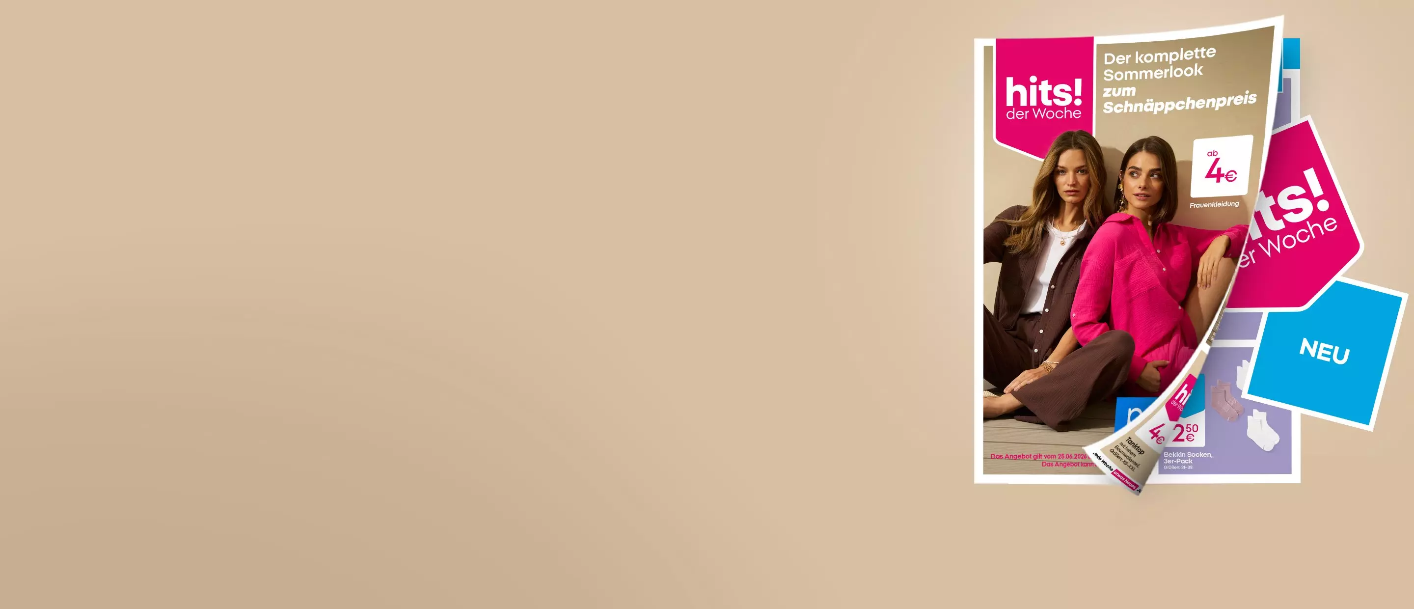 Pepco Sommerlook-Katalog mit zwei Frauen in pinker und brauner Strickjacke und Wochenangeboten ab 4 Euro.