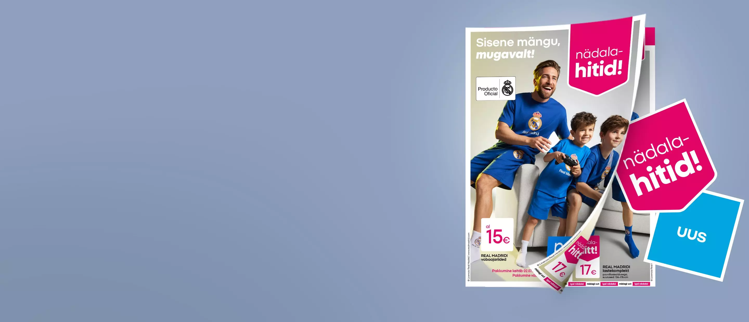 Pepco promotional leaflets featuring Real Madrid official merchandise with father and sons wearing blue football kits.