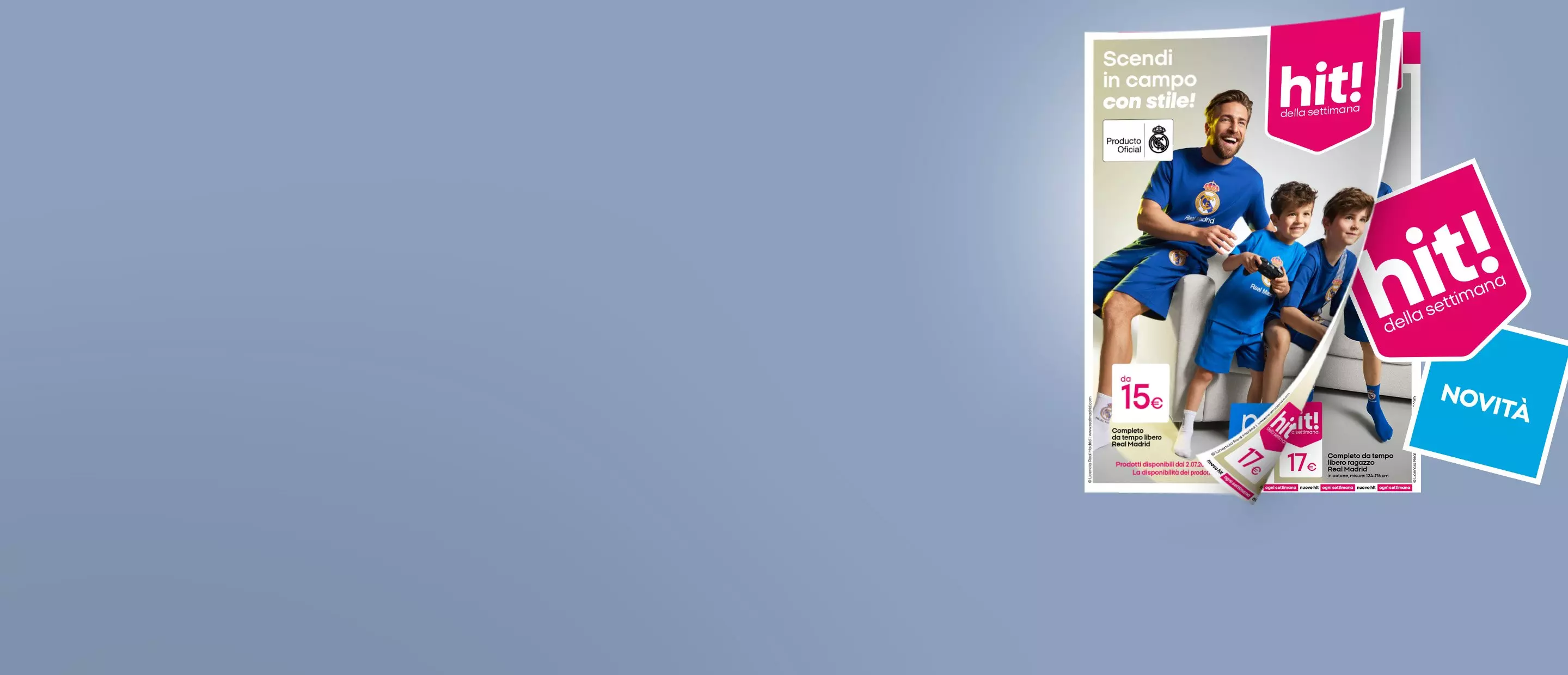 Famiglia Pepco indossa magliette blu Real Madrid, catalogo promozionale hit! della settimana con offerte da 15€.