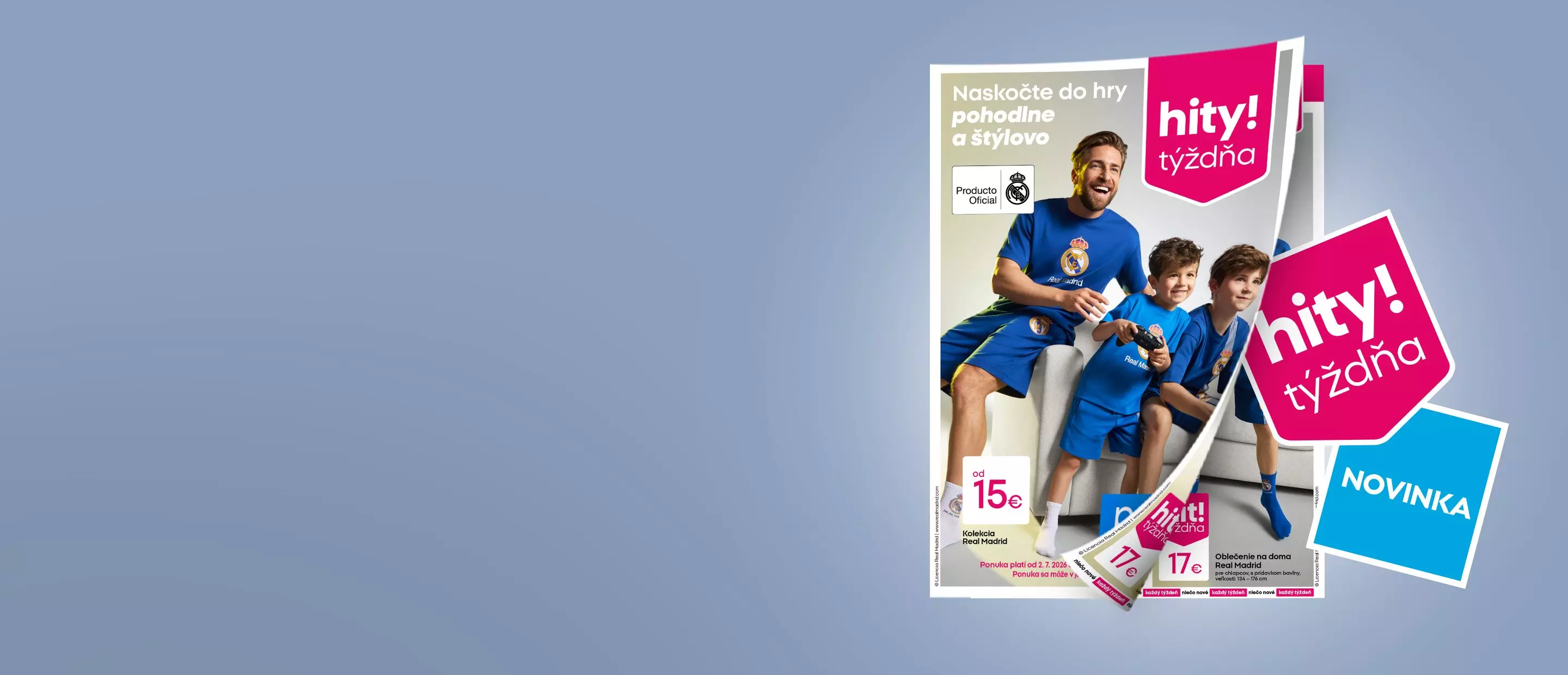 Pepco reklamné letáky s otcom a deťmi v modrom futbalovom oblečení Real Madrid, ceny od 15€.